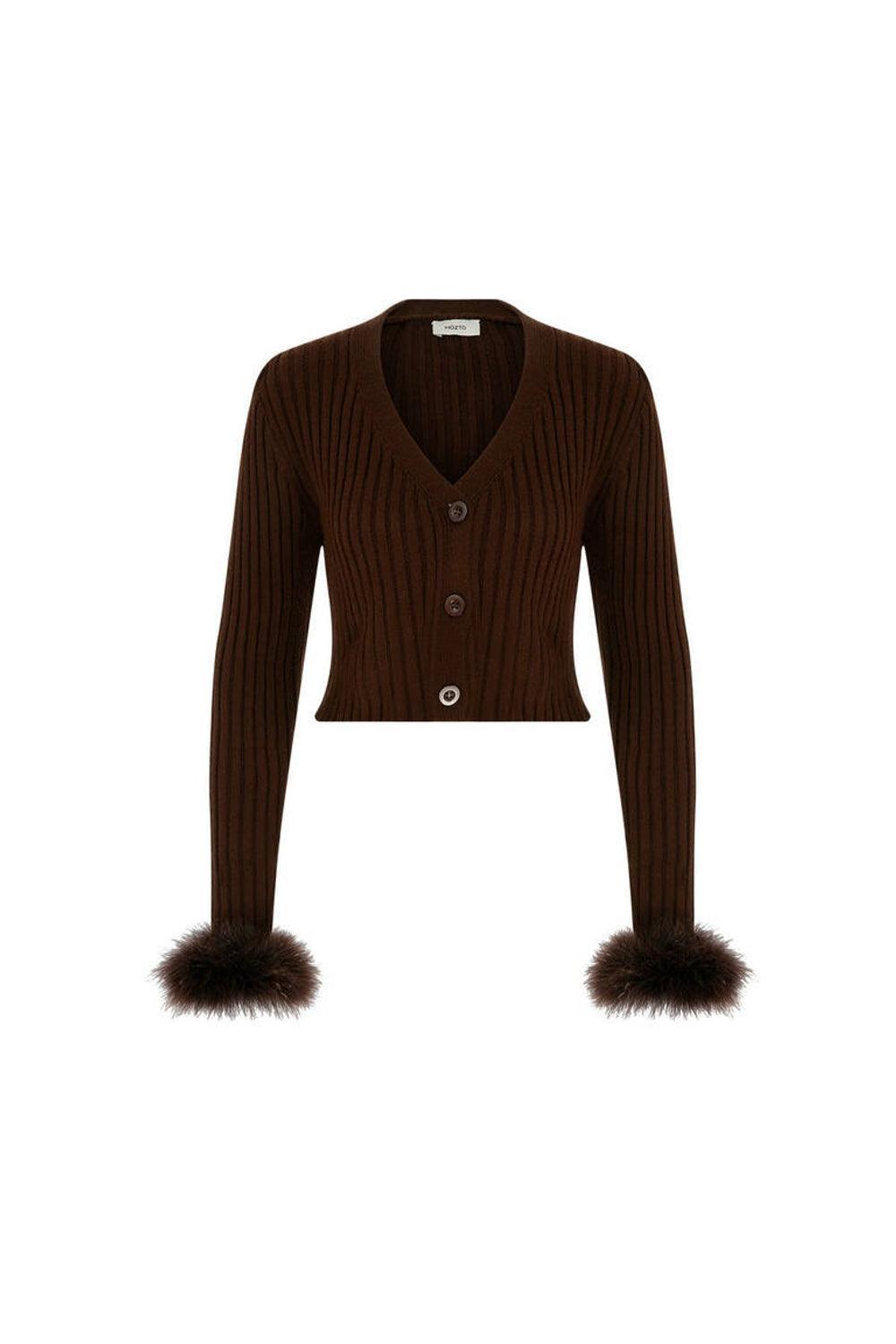 Mozto-Faye Brown Feathered Cardigan-Kazak & Triko-5-milagron.live