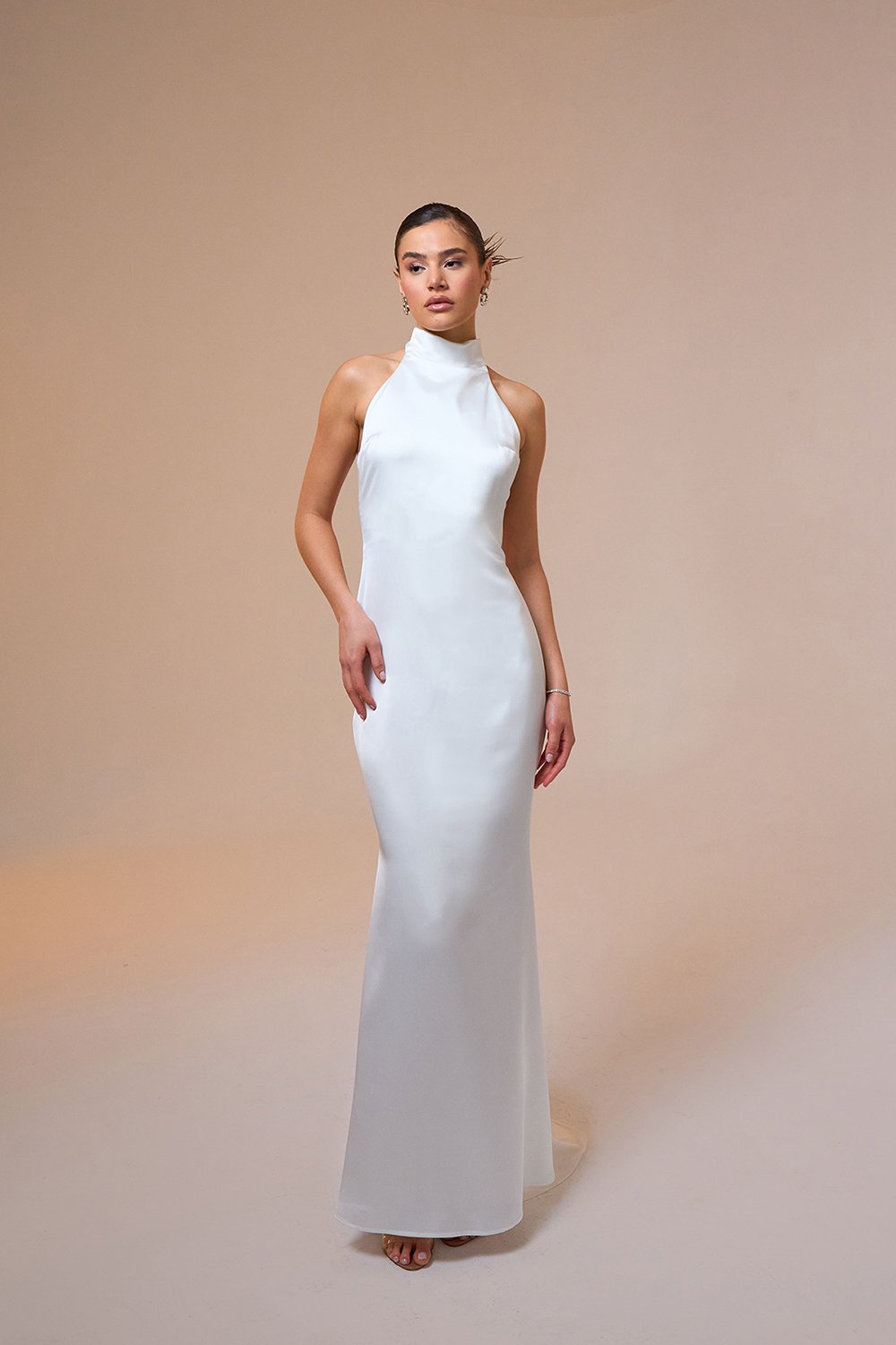 Mozto-Halley Halter Yaka Maxi Beyaz Saten Elbise-Elbise-4-milagron.live