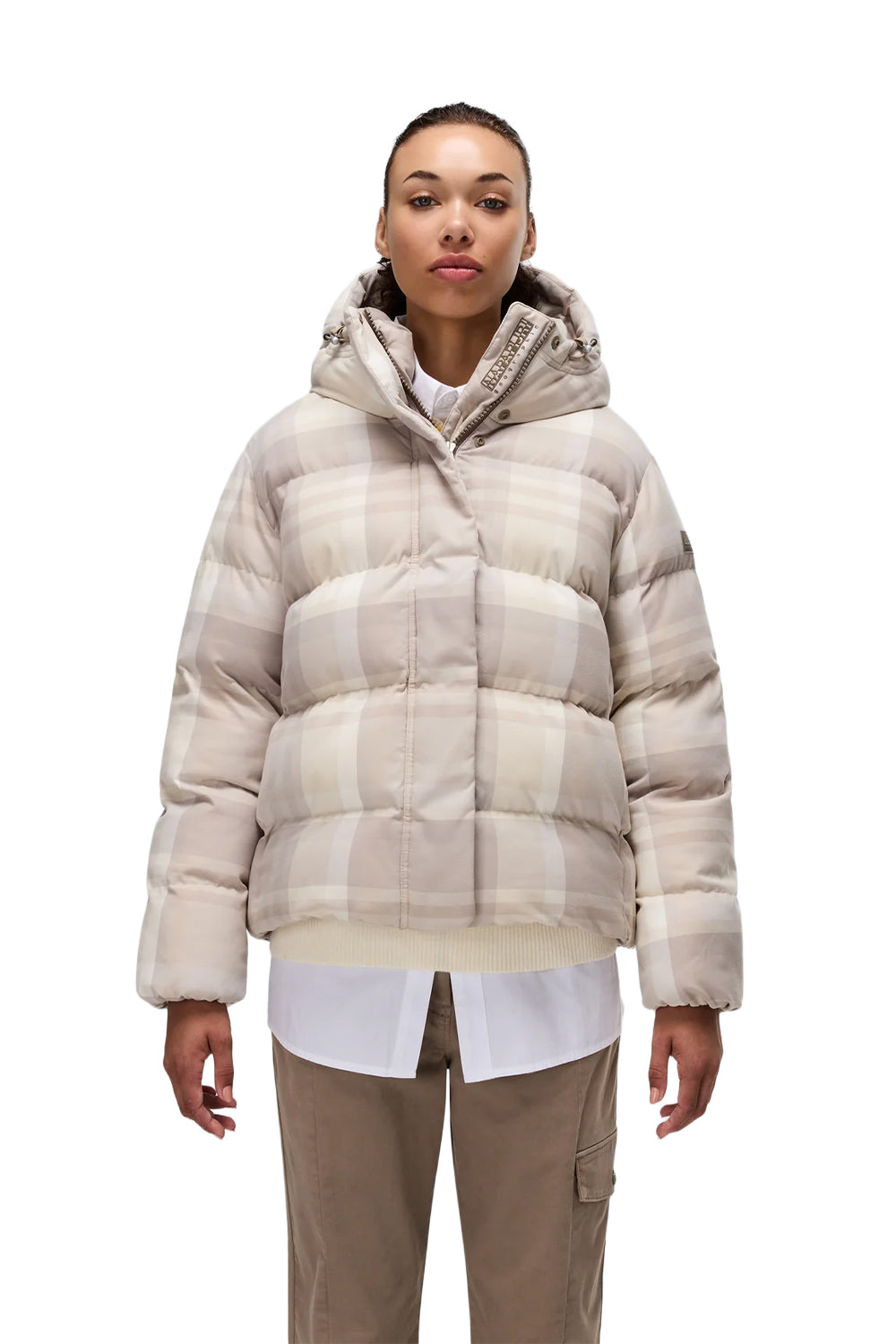 Napapijri-Napapijri ThermoFibre® Glane Check Puffer CORDURA® Jacket Ekoseli Krem Kadın Mont-Mont-9-milagron.live