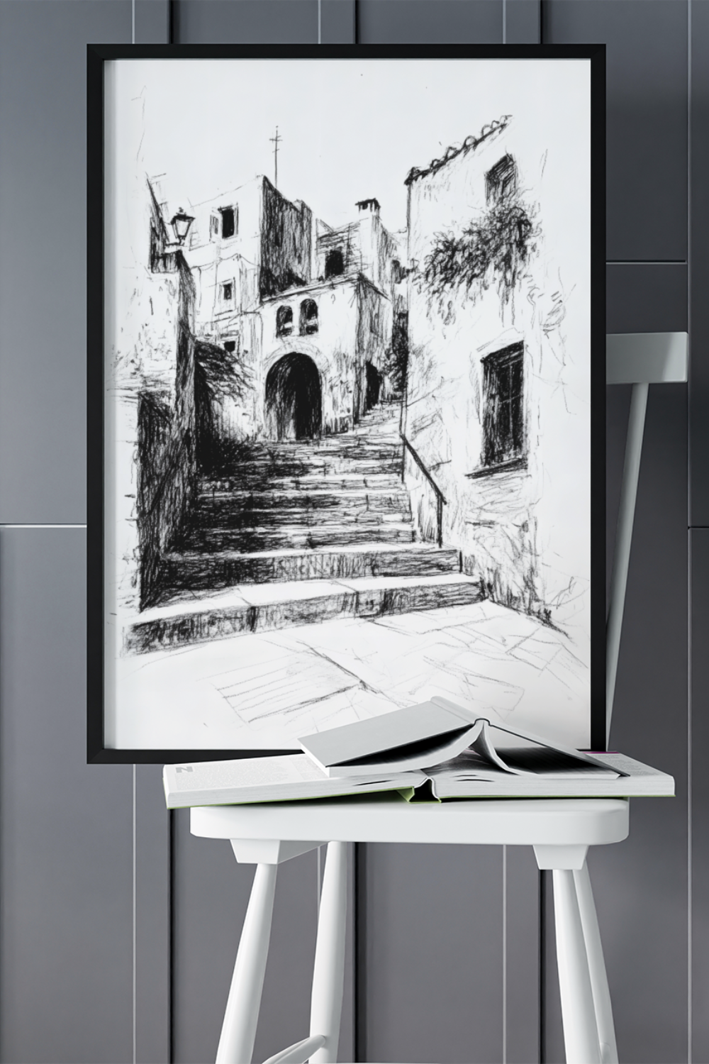 Nord Design-Kara Kalem Seri̇si̇ Çerçeveli̇ Tablo - Merdi̇venli̇ Yol-Tablo-1-milagron.live