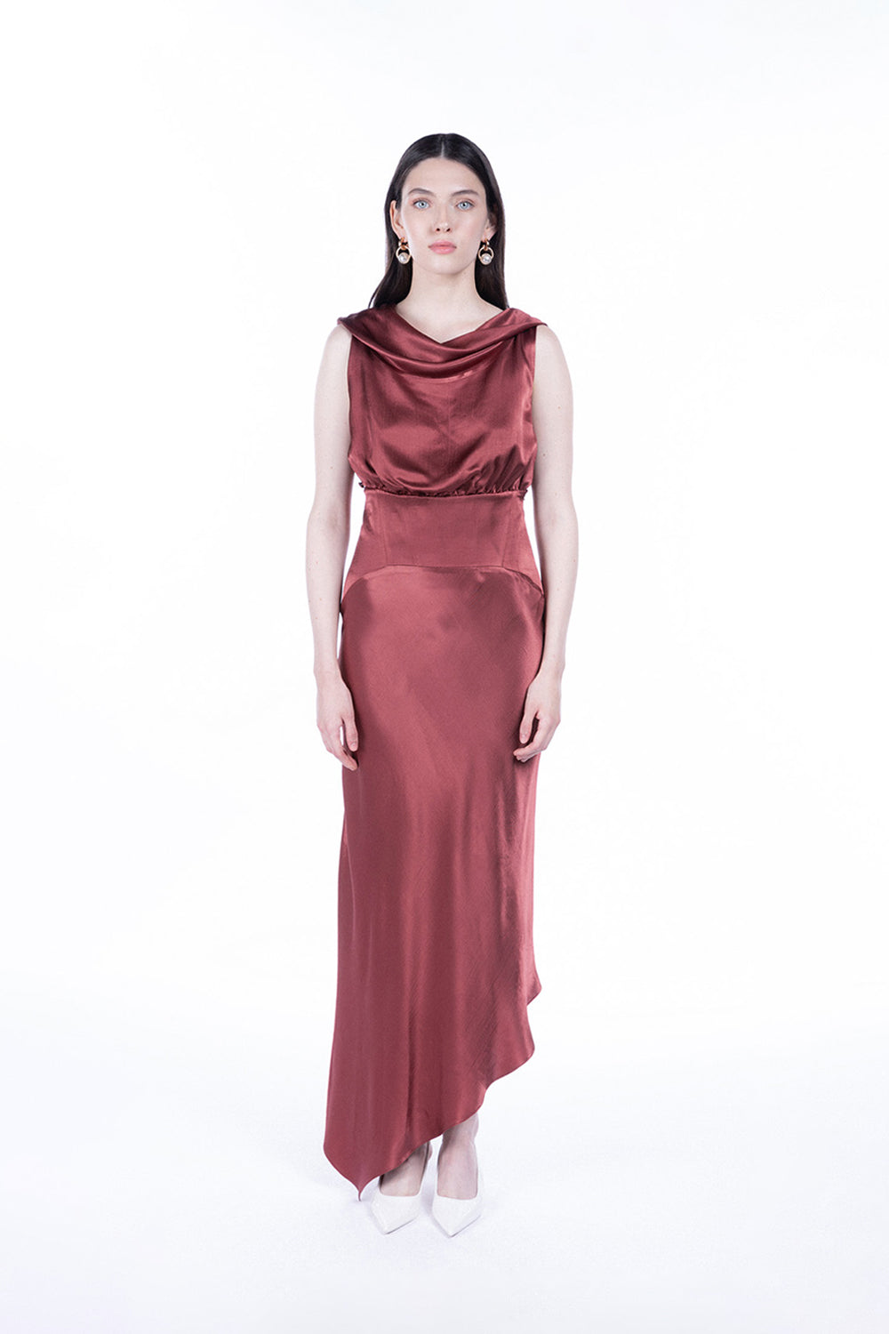 Peploum-Lea Folded Neckline Sateen Dress-Elbise-1-milagron.live