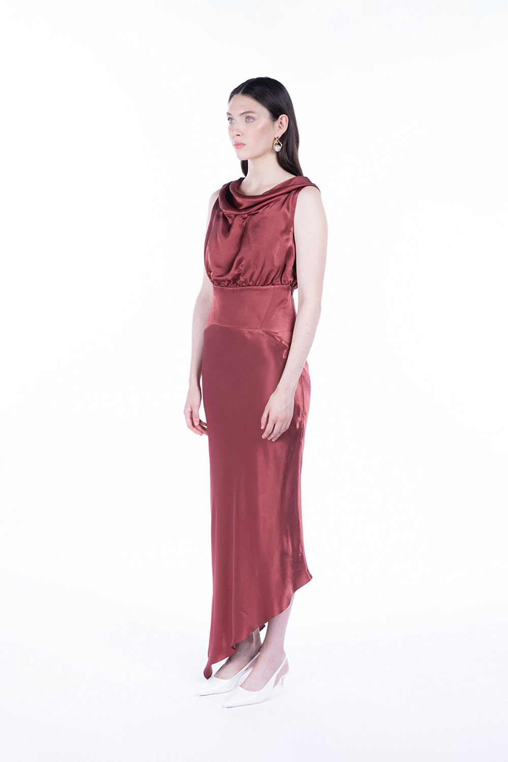 Peploum-Lea Folded Neckline Sateen Dress-Elbise-3-milagron.live
