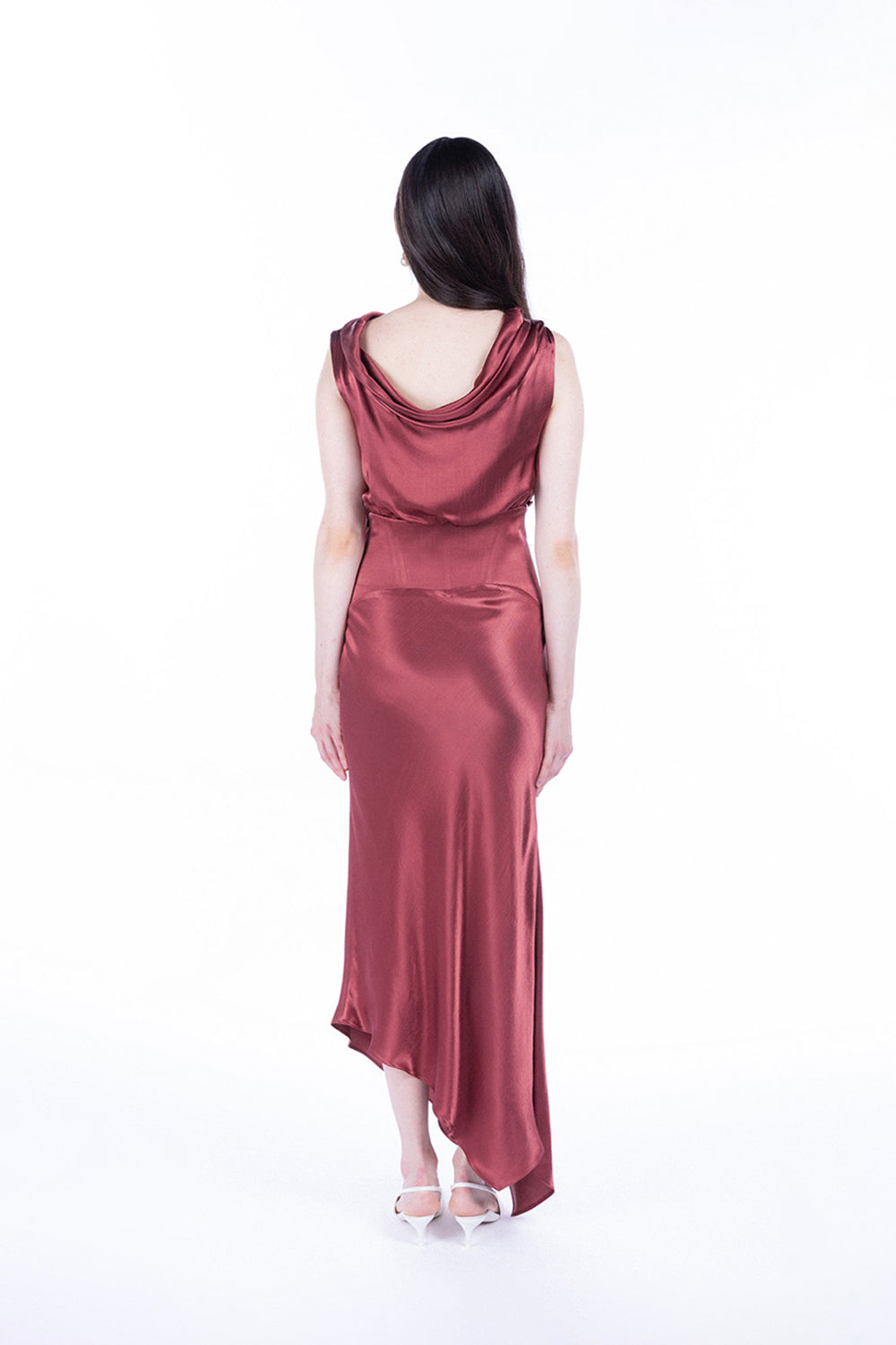 Peploum-Lea Folded Neckline Sateen Dress-Elbise-5-milagron.live