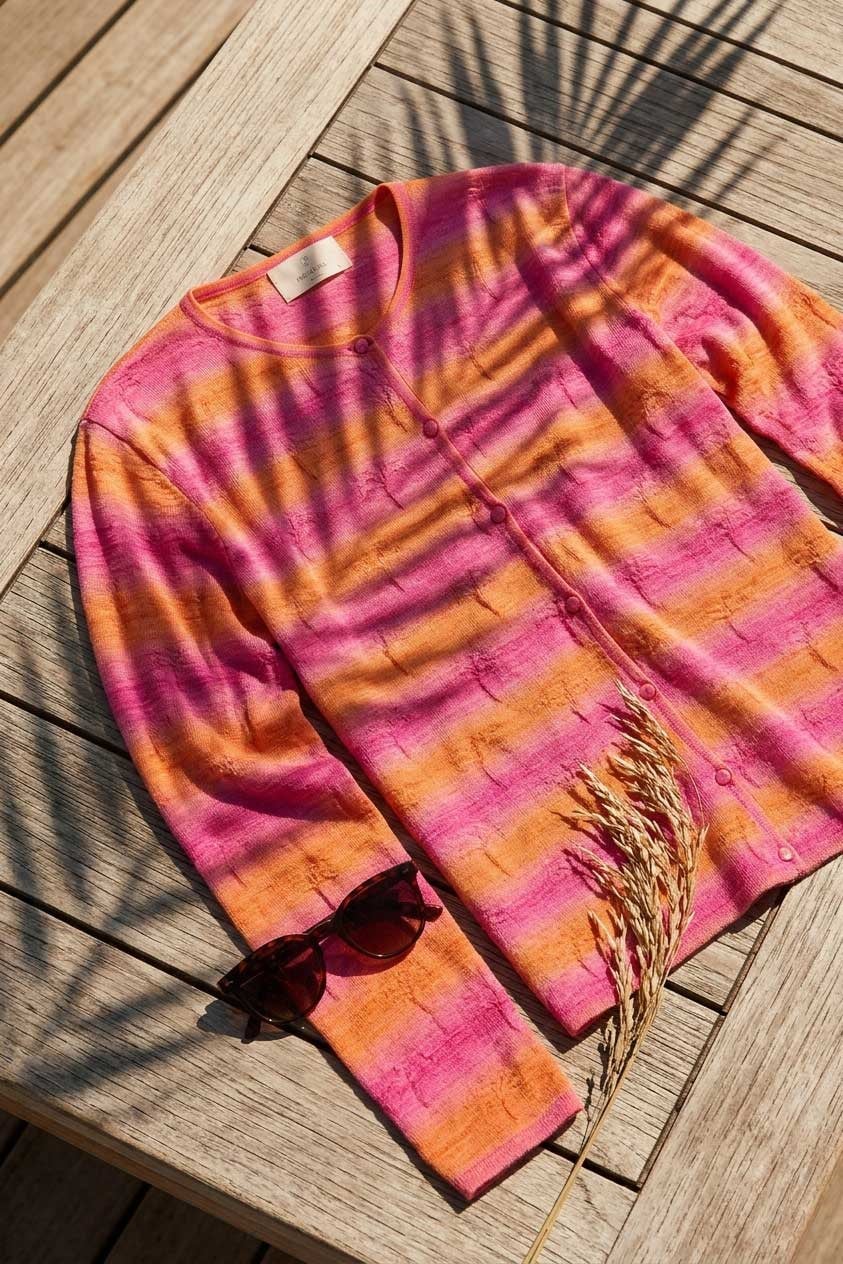 Peraluna Sunset Bloom Hırka, Kadın Yazlık Ince Triko Hırka - Pembe Turuncu Multi