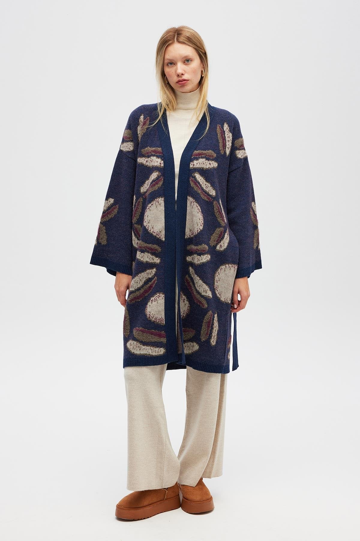 Peraluna-Makoya Desenli Kadın Triko Kimono Indigo Multi-Kimono-1-milagron.live