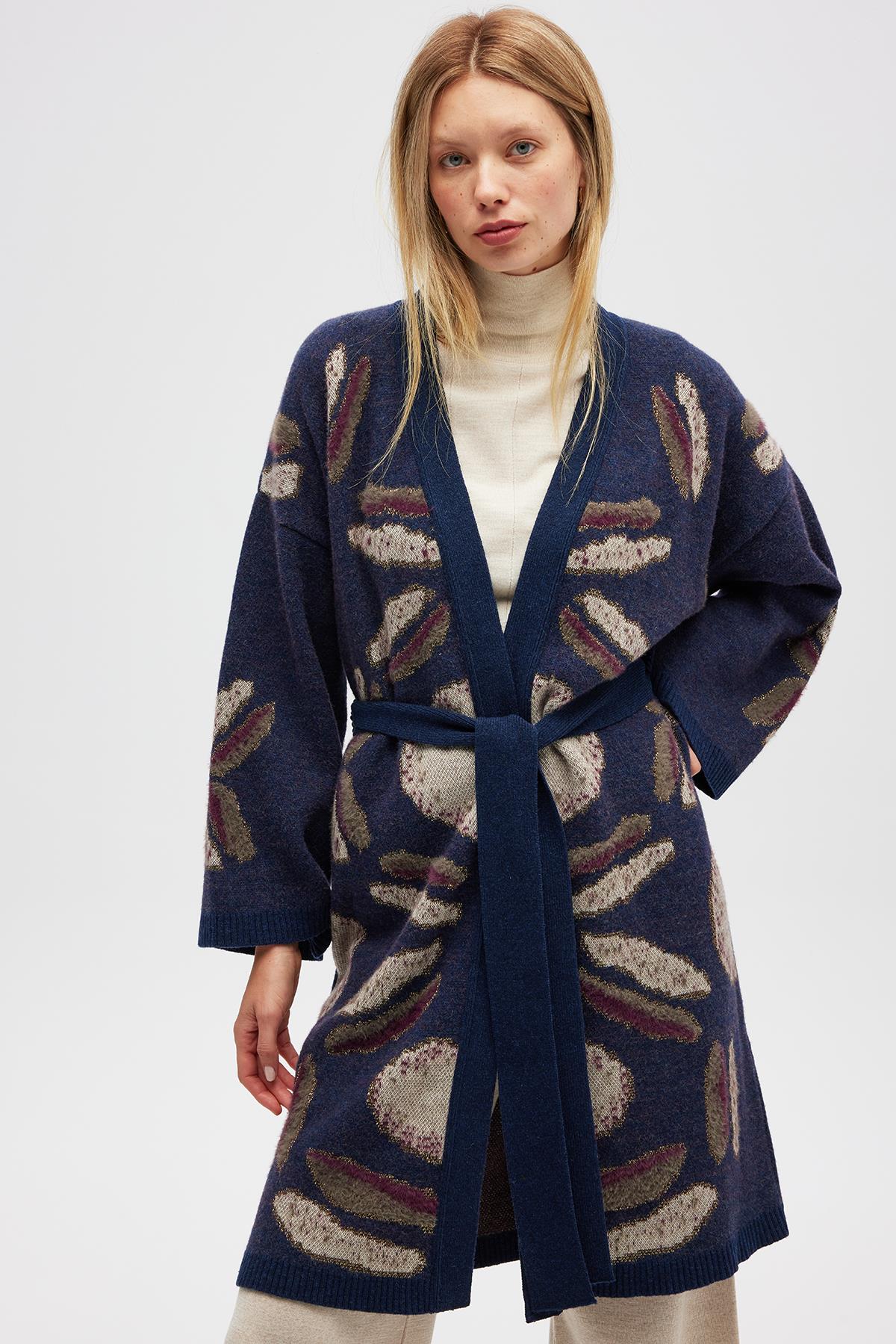 Peraluna-Makoya Desenli Kadın Triko Kimono Indigo Multi-Kimono-2-milagron.live