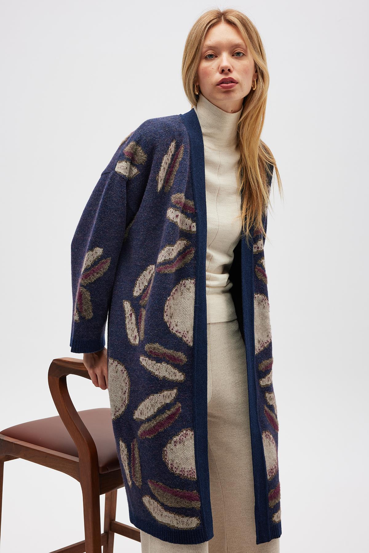 Peraluna-Makoya Desenli Kadın Triko Kimono Indigo Multi-Kimono-3-milagron.live