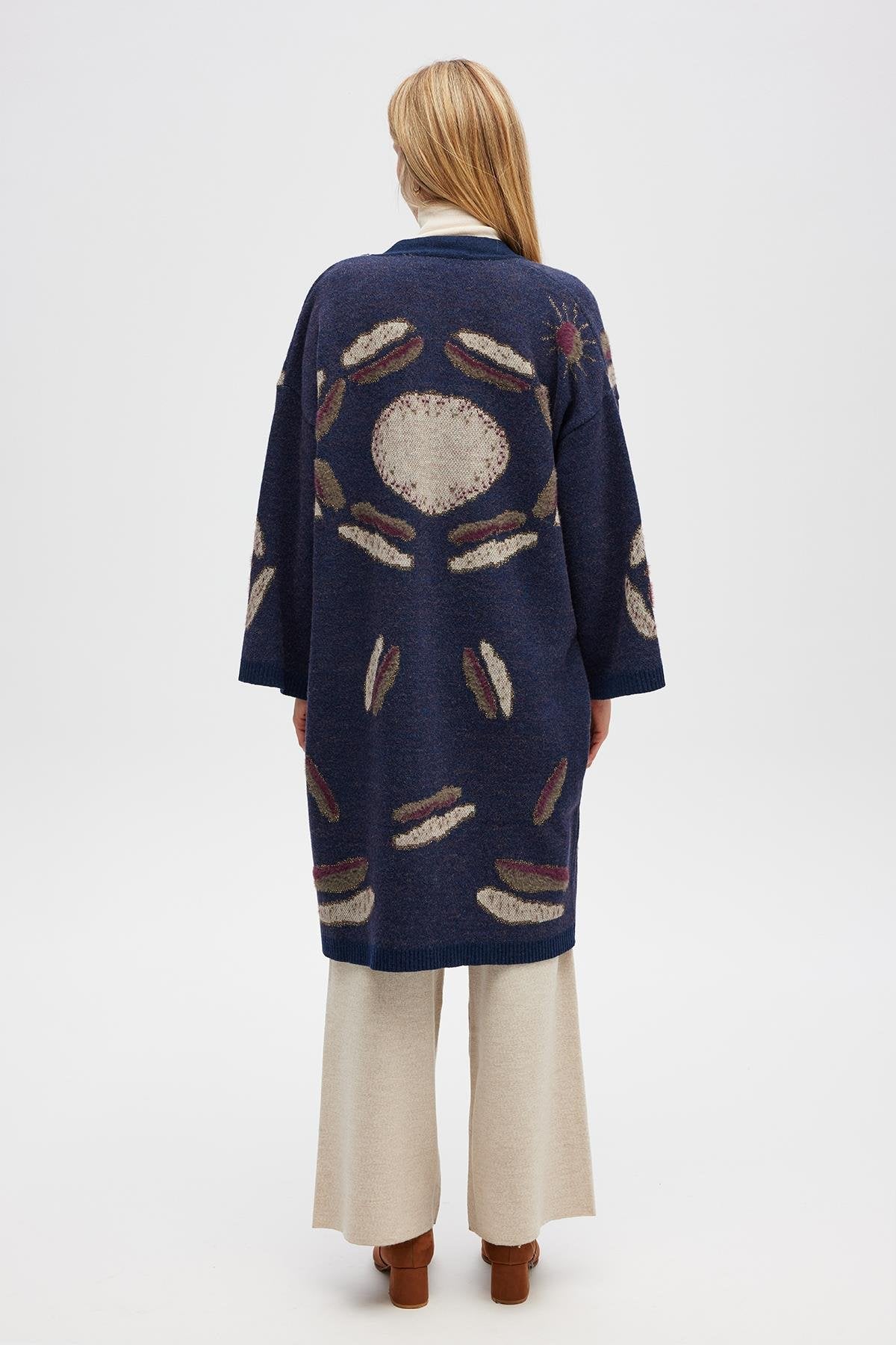 Peraluna-Makoya Desenli Kadın Triko Kimono Indigo Multi-Kimono-7-milagron.live