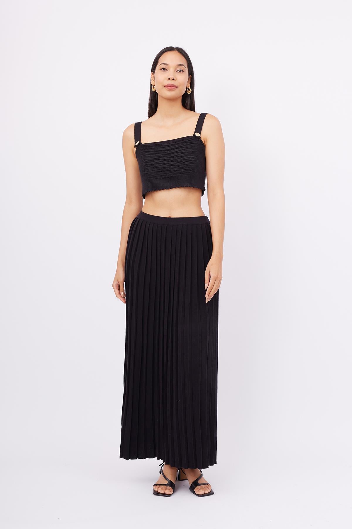Peraluna-Maxi Skirt Maxi Boy Pileli Kadın Triko Etek Siyah-Etek-1-milagron.live