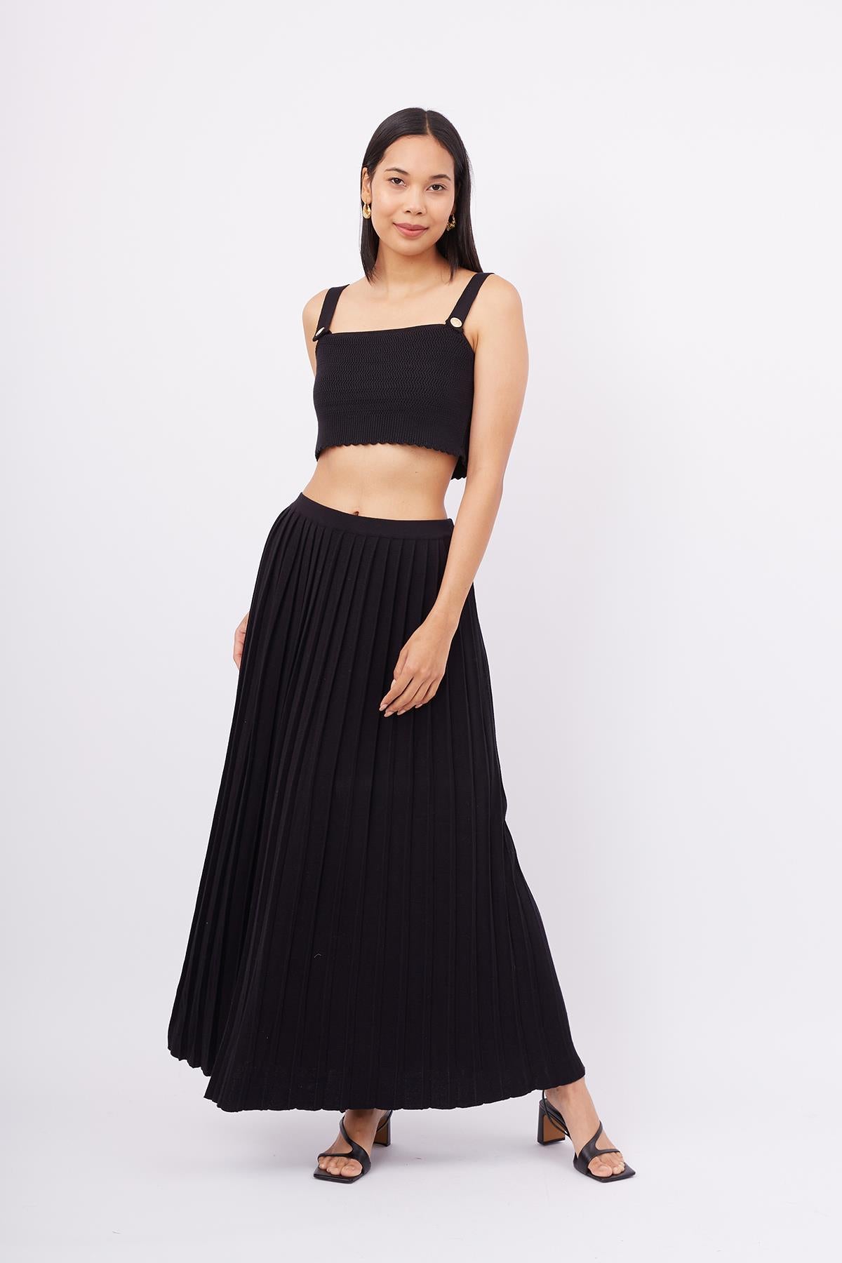 Peraluna-Maxi Skirt Maxi Boy Pileli Kadın Triko Etek Siyah-Etek-5-milagron.live