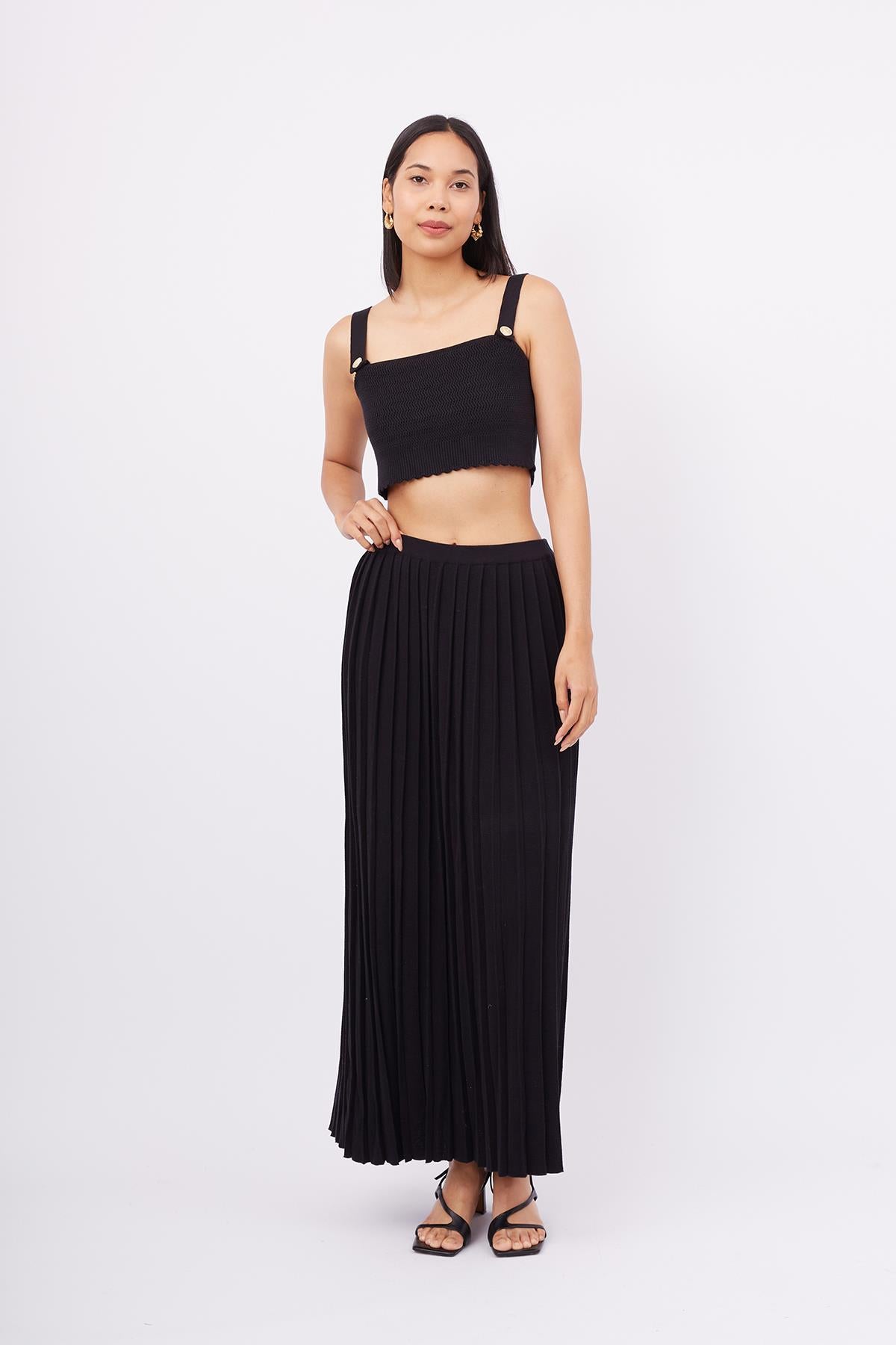 Peraluna-Maxi Skirt Maxi Boy Pileli Kadın Triko Etek Siyah-Etek-6-milagron.live