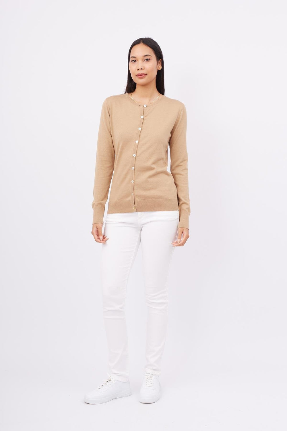 Peraluna-Mila Cardigan Bisiklet Yaka Basic Pamuklu Kadın Triko Hırka Camel-Kazak & Triko-1-milagron.live