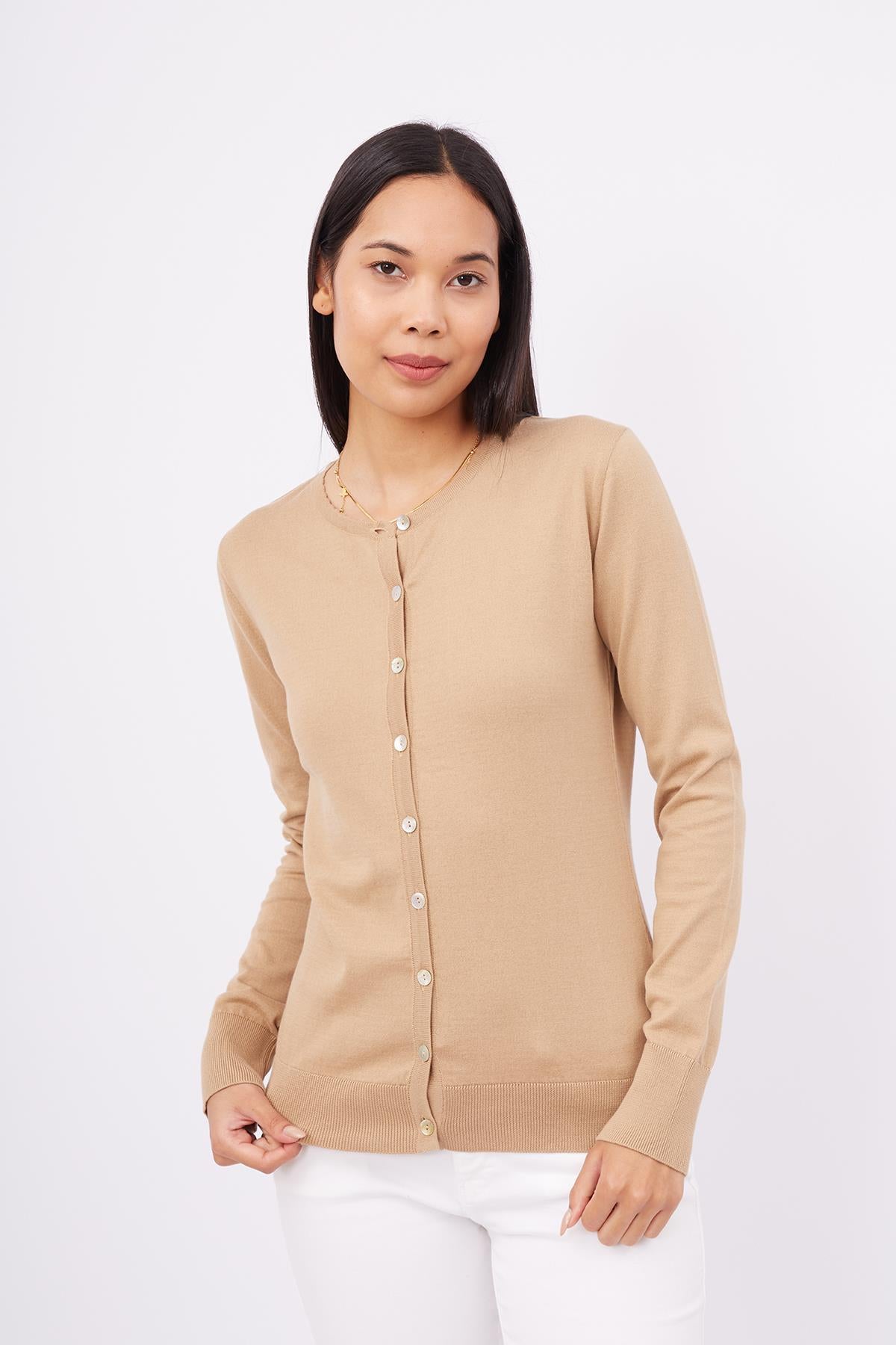 Peraluna-Mila Cardigan Bisiklet Yaka Basic Pamuklu Kadın Triko Hırka Camel-Kazak & Triko-2-milagron.live
