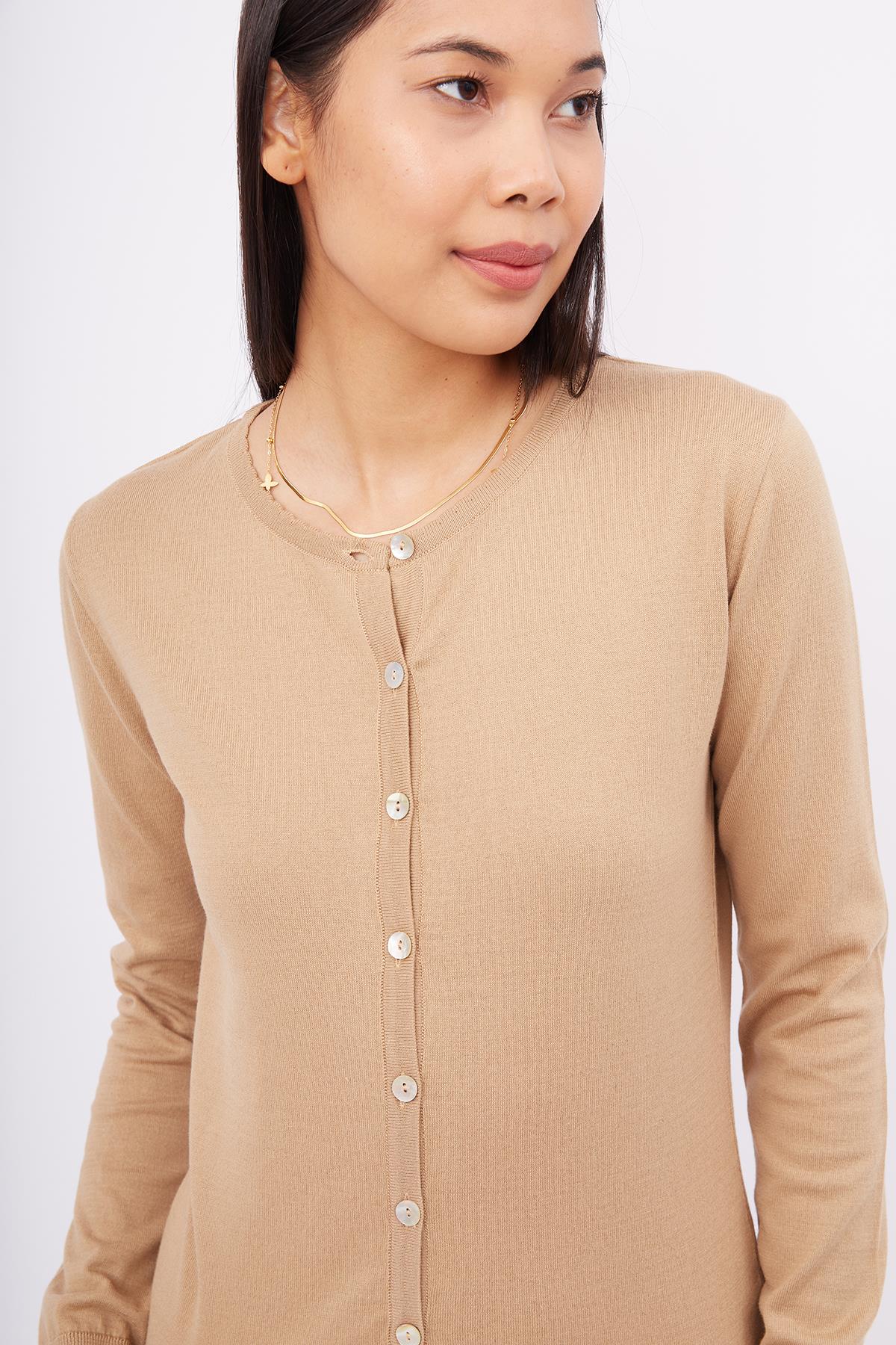 Peraluna-Mila Cardigan Bisiklet Yaka Basic Pamuklu Kadın Triko Hırka Camel-Kazak & Triko-3-milagron.live