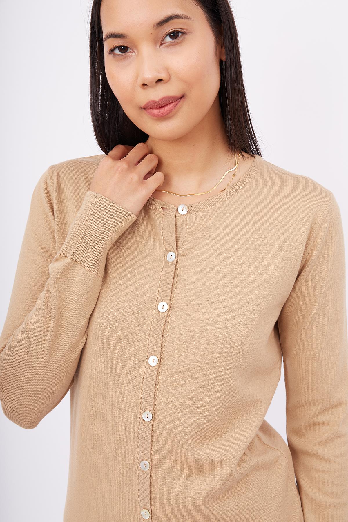Peraluna-Mila Cardigan Bisiklet Yaka Basic Pamuklu Kadın Triko Hırka Camel-Kazak & Triko-4-milagron.live