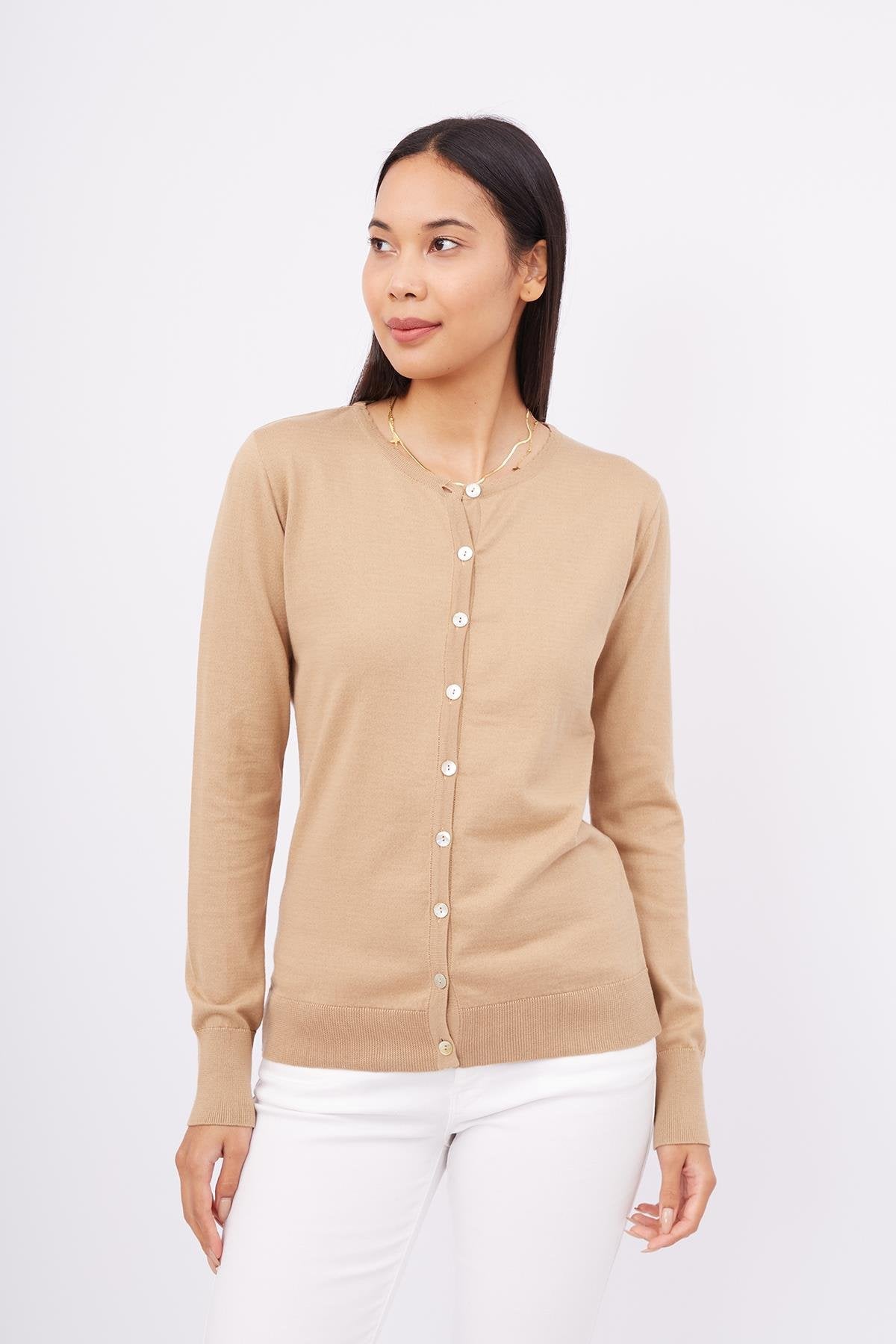 Peraluna-Mila Cardigan Bisiklet Yaka Basic Pamuklu Kadın Triko Hırka Camel-Kazak & Triko-5-milagron.live