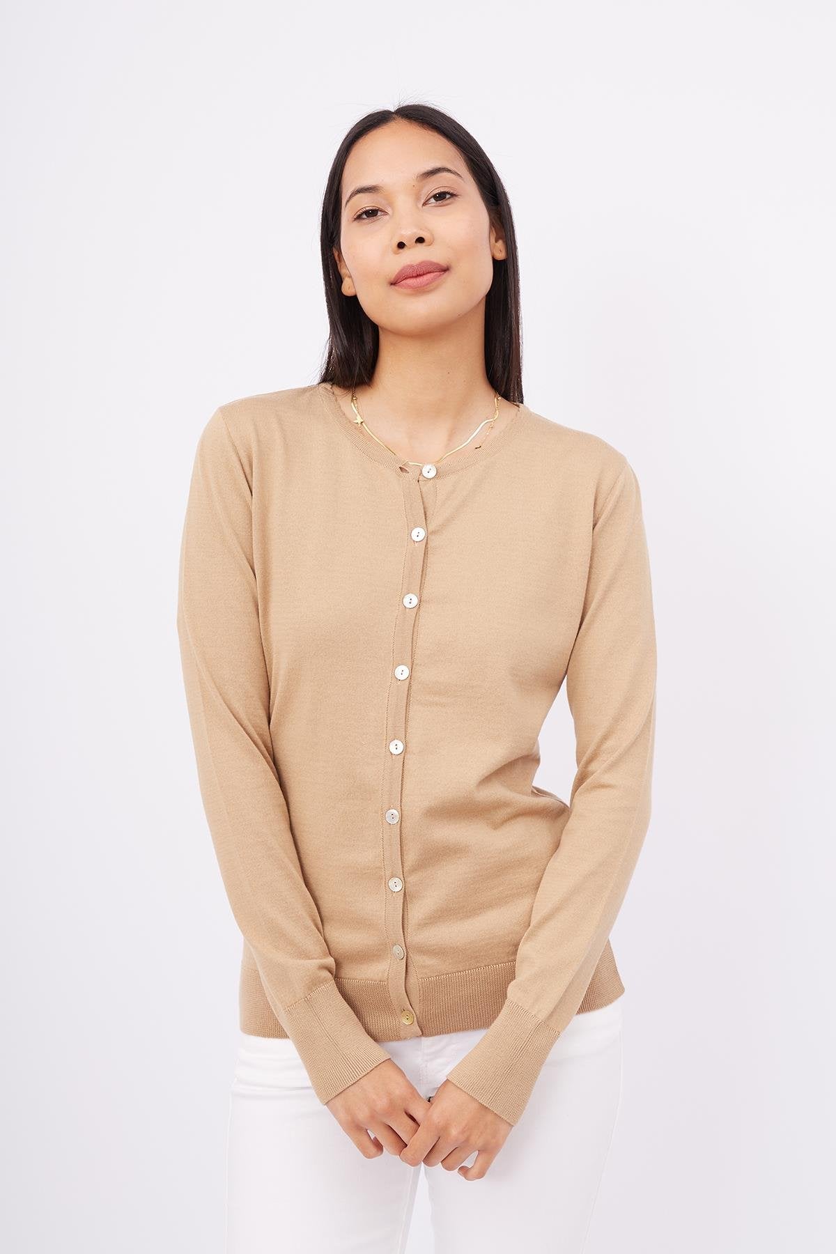 Peraluna-Mila Cardigan Bisiklet Yaka Basic Pamuklu Kadın Triko Hırka Camel-Kazak & Triko-6-milagron.live