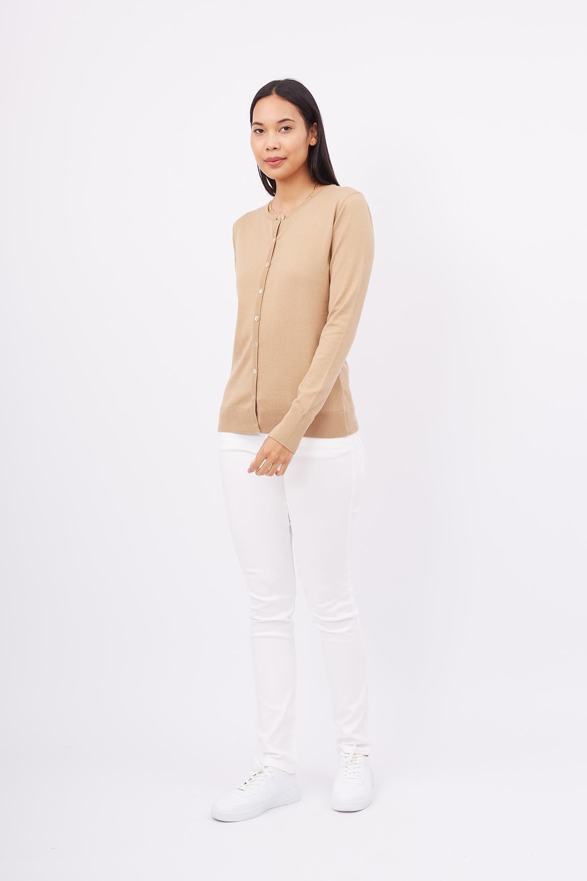Peraluna-Mila Cardigan Bisiklet Yaka Basic Pamuklu Kadın Triko Hırka Camel-Kazak & Triko-7-milagron.live