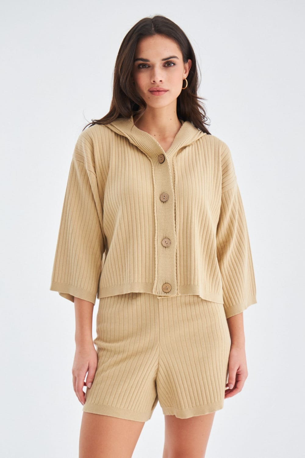 Peraluna-Mujo Cardigan & Shorts %100 Pamuk Kadın Triko Şort Takım-Şort-16-milagron.live