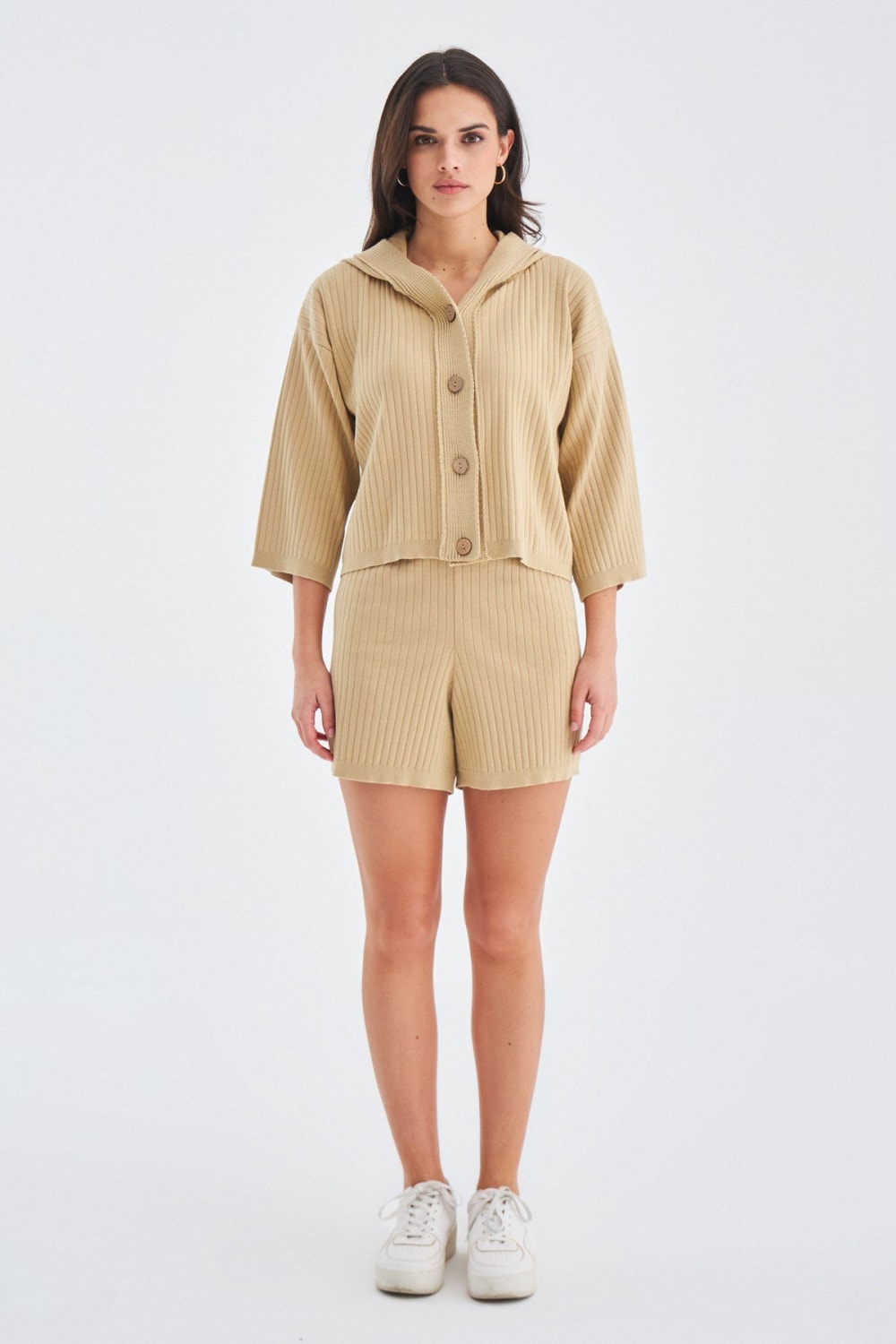 Peraluna-Mujo Cardigan & Shorts %100 Pamuk Kadın Triko Şort Takım-Şort-17-milagron.live