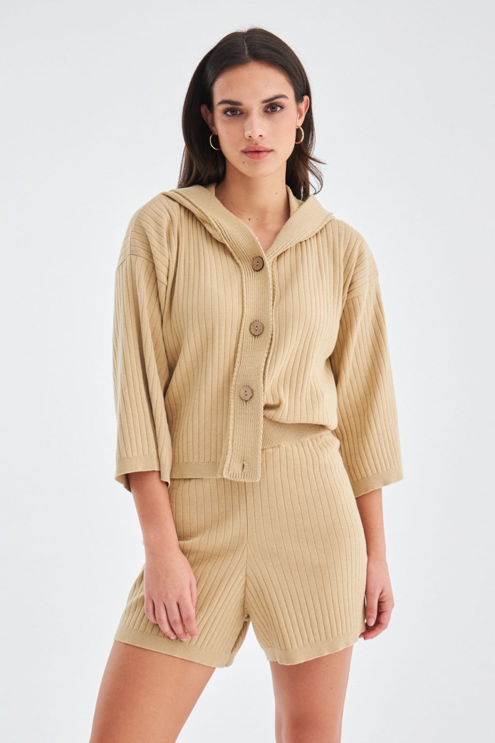 Peraluna-Mujo Cardigan & Shorts %100 Pamuk Kadın Triko Şort Takım-Şort-18-milagron.live