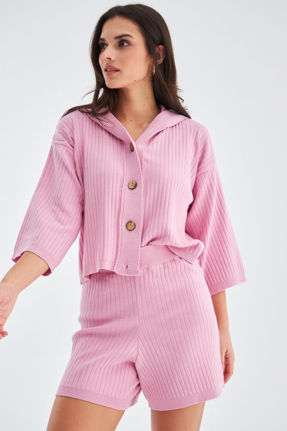 Peraluna-Mujo Cardigan & Shorts %100 Pamuk Kadın Triko Şort Takım-Şort-7-milagron.live