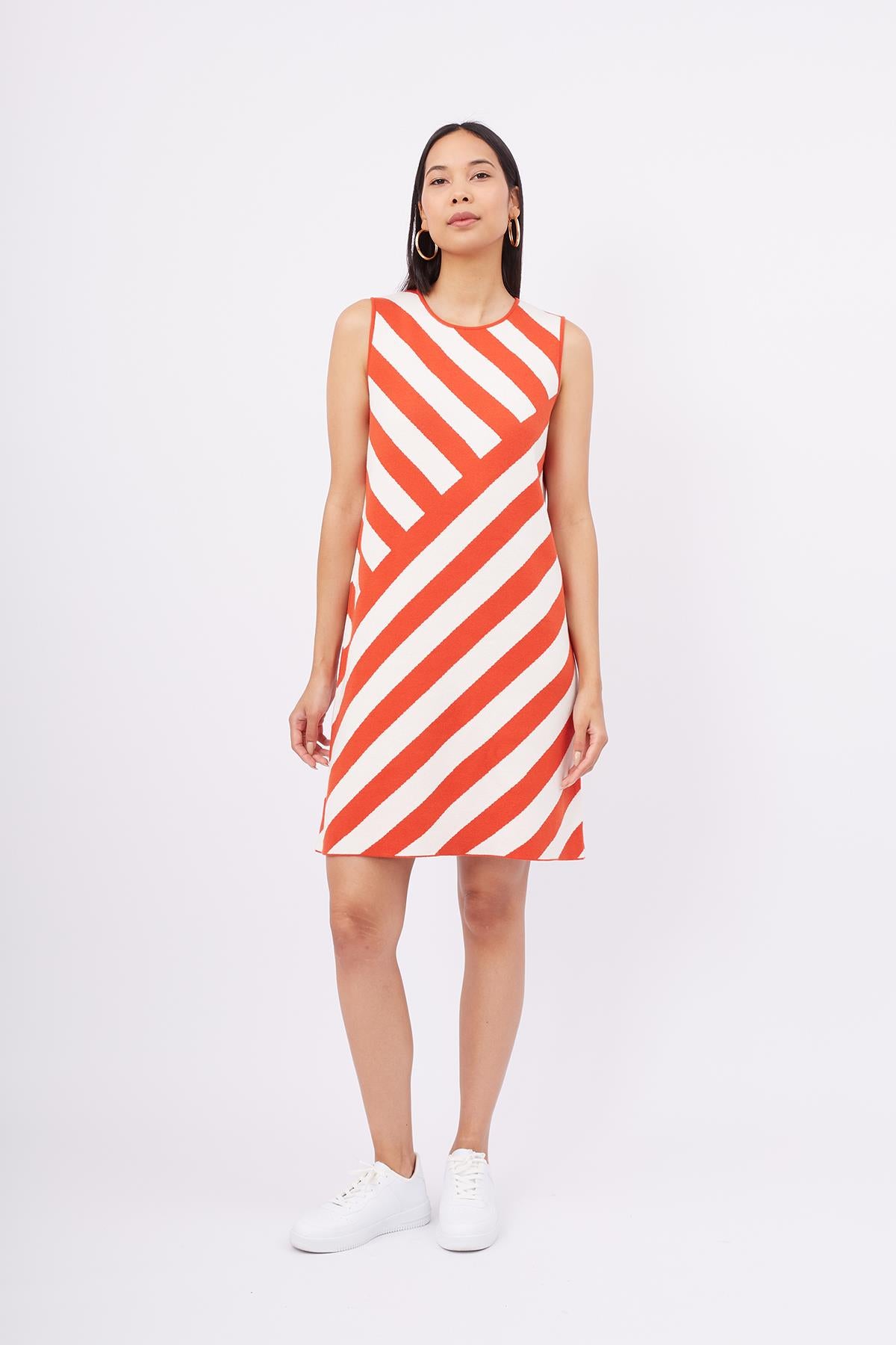 Peraluna-Paula Dress Diagonal Çizgili A Form Kolsuz İnce Kadın Triko Elbise Kırmızı/Beyaz-Elbise-1-milagron.live