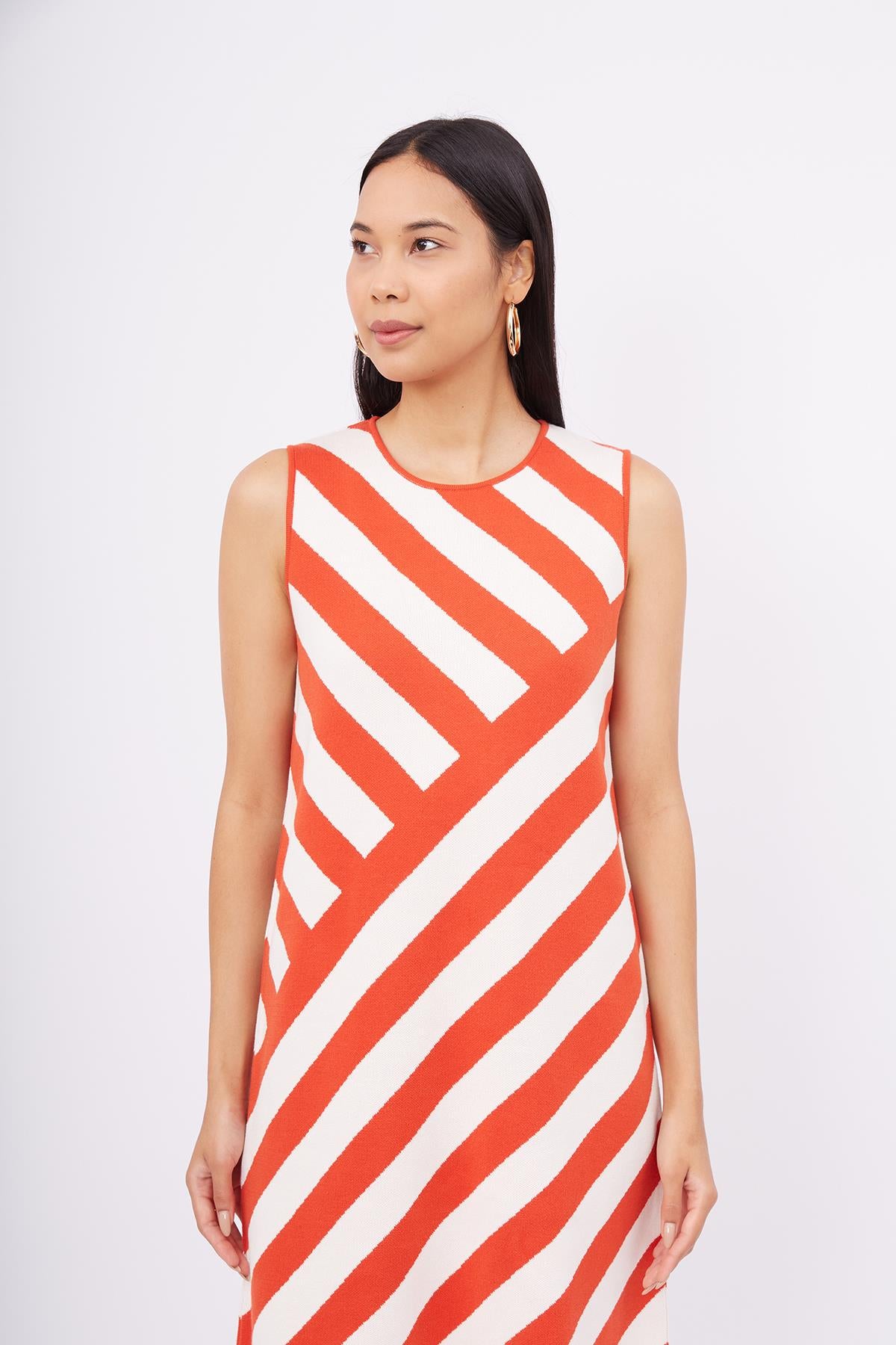 Peraluna-Paula Dress Diagonal Çizgili A Form Kolsuz İnce Kadın Triko Elbise Kırmızı/Beyaz-Elbise-2-milagron.live