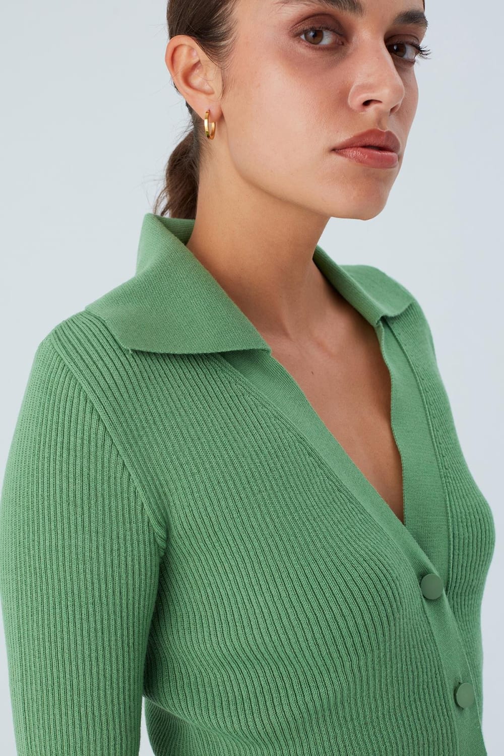 Peraluna-Polo V Yaka Ribana Örgü Fit Kesim Kadın Triko Hırka -Kazak & Triko-5-milagron.live