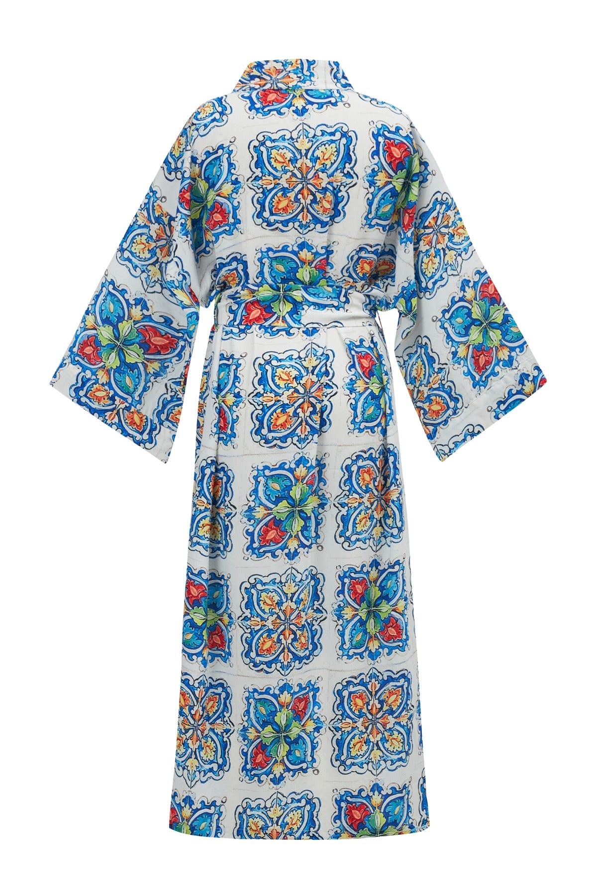 Peraluna Ria KiMono Çini Desenli 127 Cm Püskül Kemer Detaylı Saten Kadın Kimono - Çok Renkli