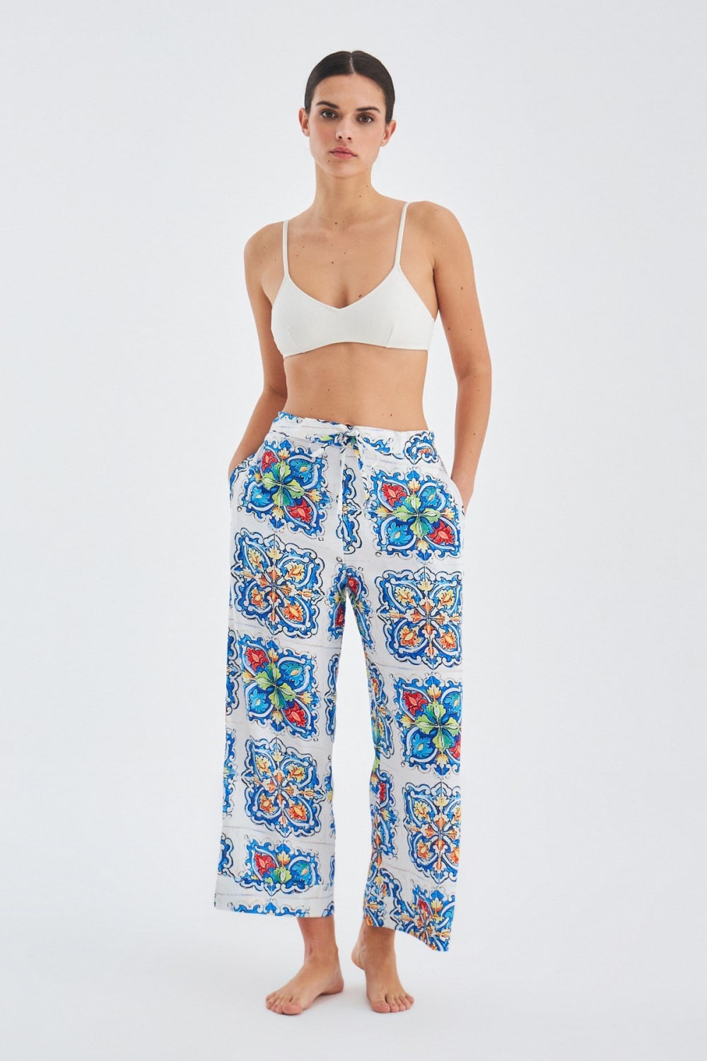 Peraluna-Ri̇a Trouser Çini Desenli Bol Kesim Yazlık Saten Kadın Pantolon-Pantolon-3-milagron.live