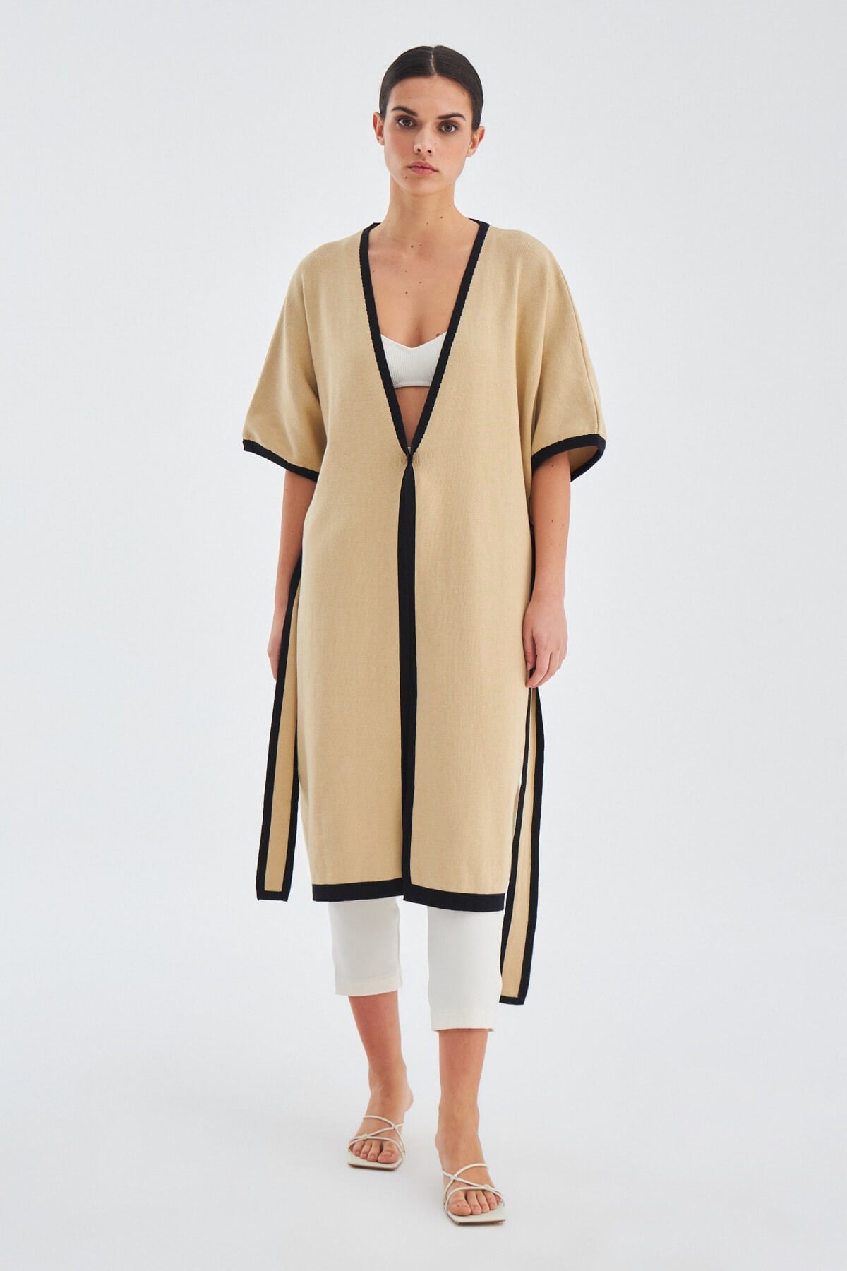 Peraluna Soho Kısa Kollu %100 Pamuk Kadın Triko Kimono - Bej/Siyah