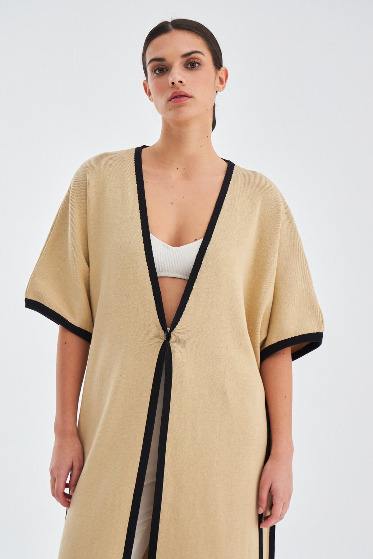 Peraluna Soho Kısa Kollu %100 Pamuk Kadın Triko Kimono - Bej/Siyah