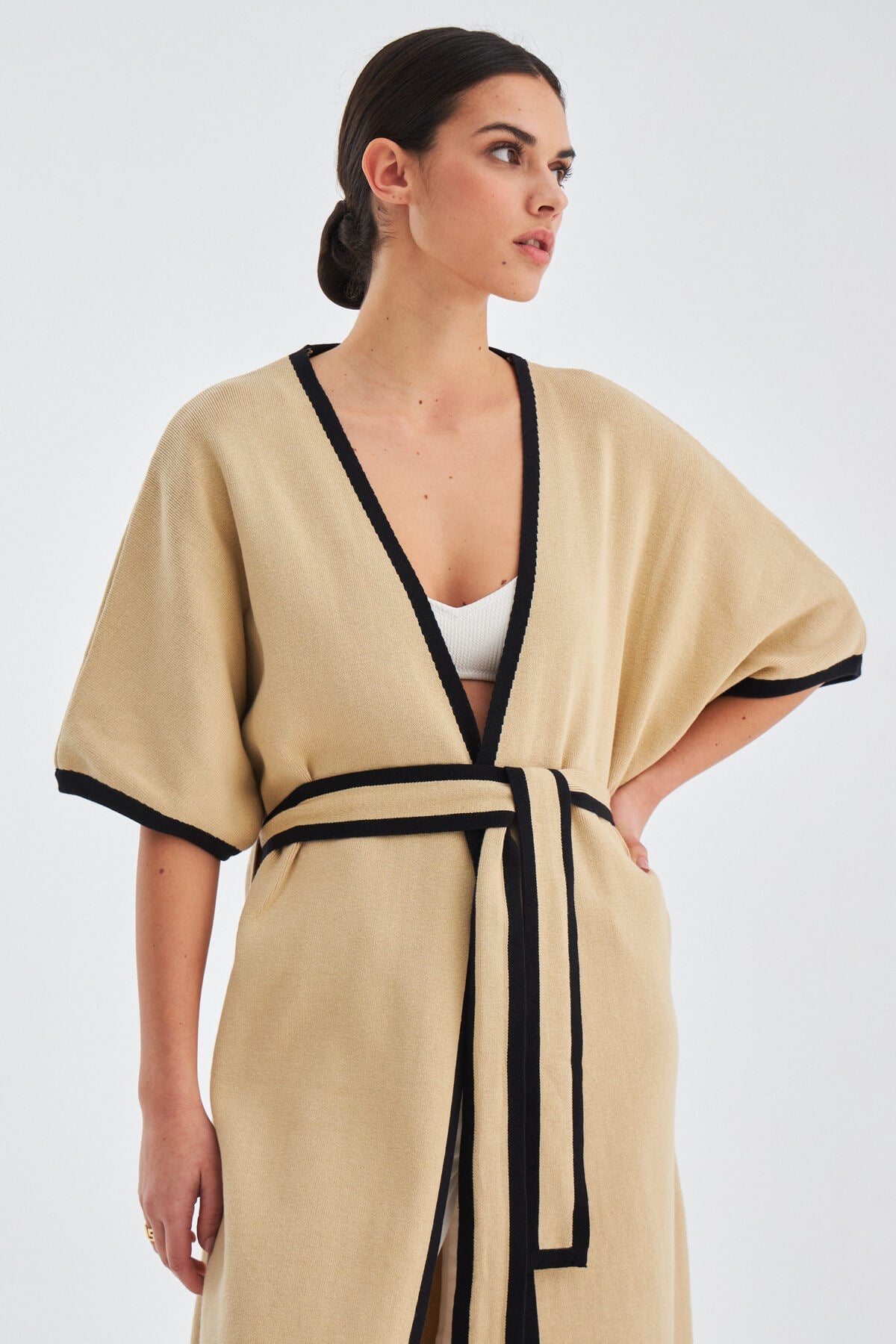 Peraluna Soho Kısa Kollu %100 Pamuk Kadın Triko Kimono - Bej/Siyah