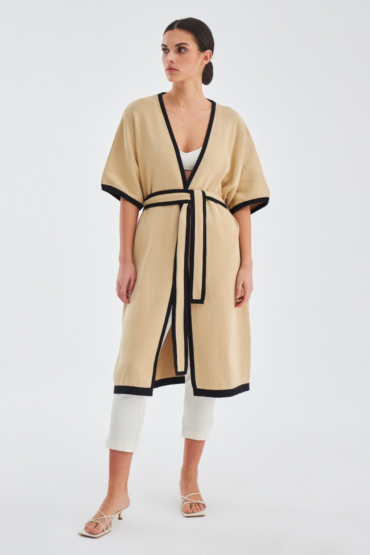 Peraluna Soho Kısa Kollu %100 Pamuk Kadın Triko Kimono - Bej/Siyah