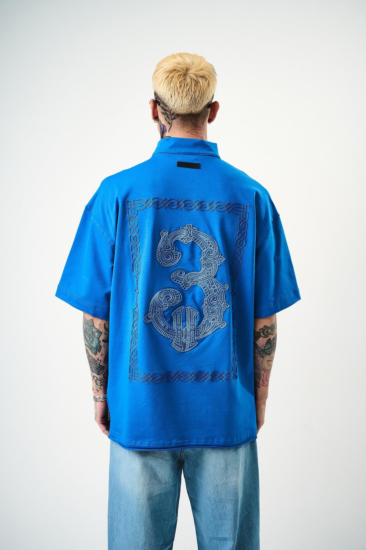 Erkek 3 Nakışlı Yarım Fermuarlı Oversize T-Shirt Mavi