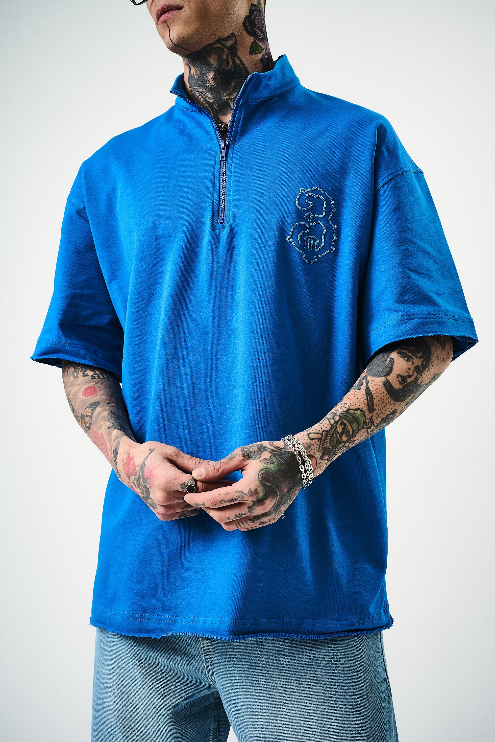 Erkek 3 Nakışlı Yarım Fermuarlı Oversize T-Shirt Mavi