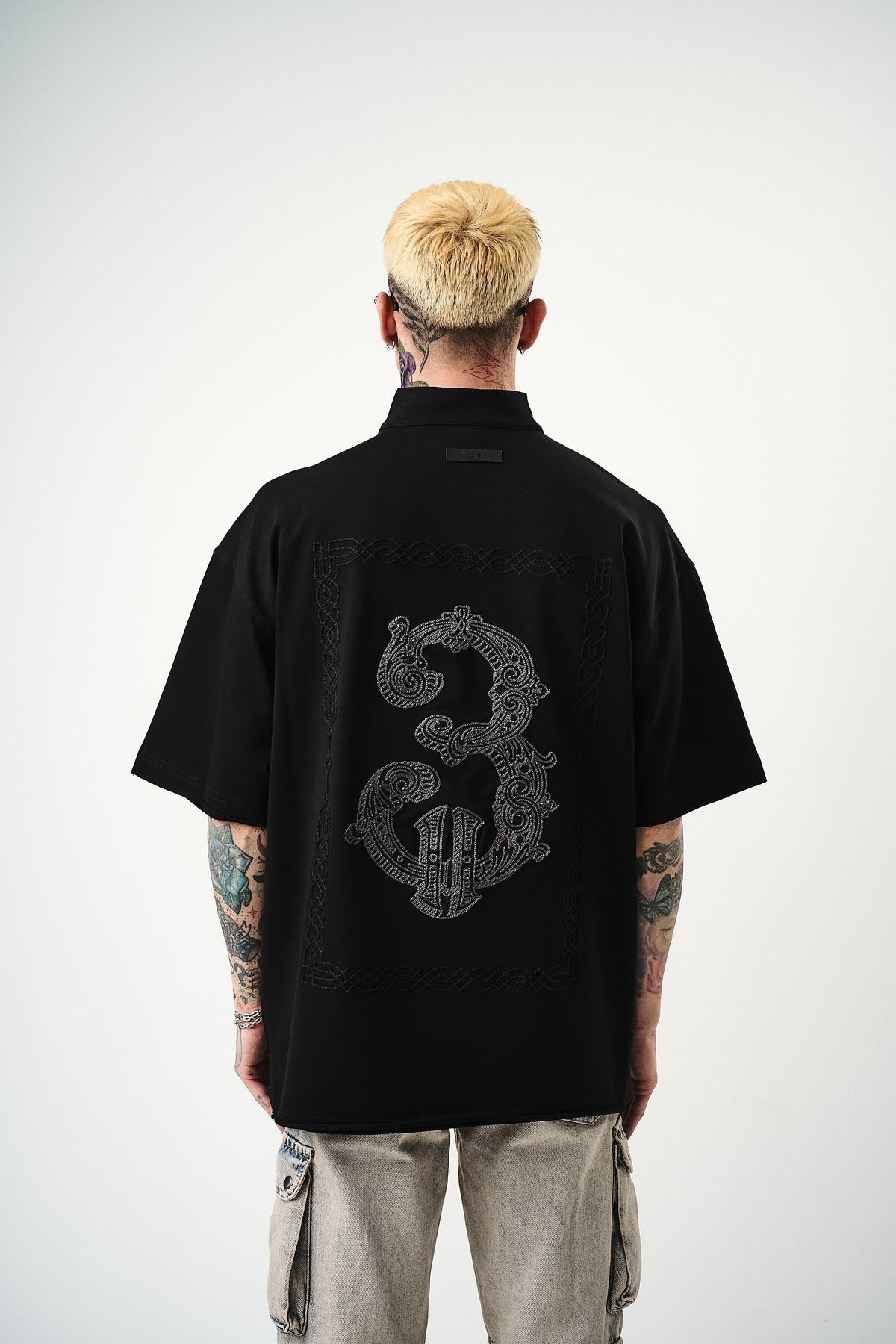 Erkek 3 Nakışlı Yarım Fermuarlı Oversize T-Shirt Siyah