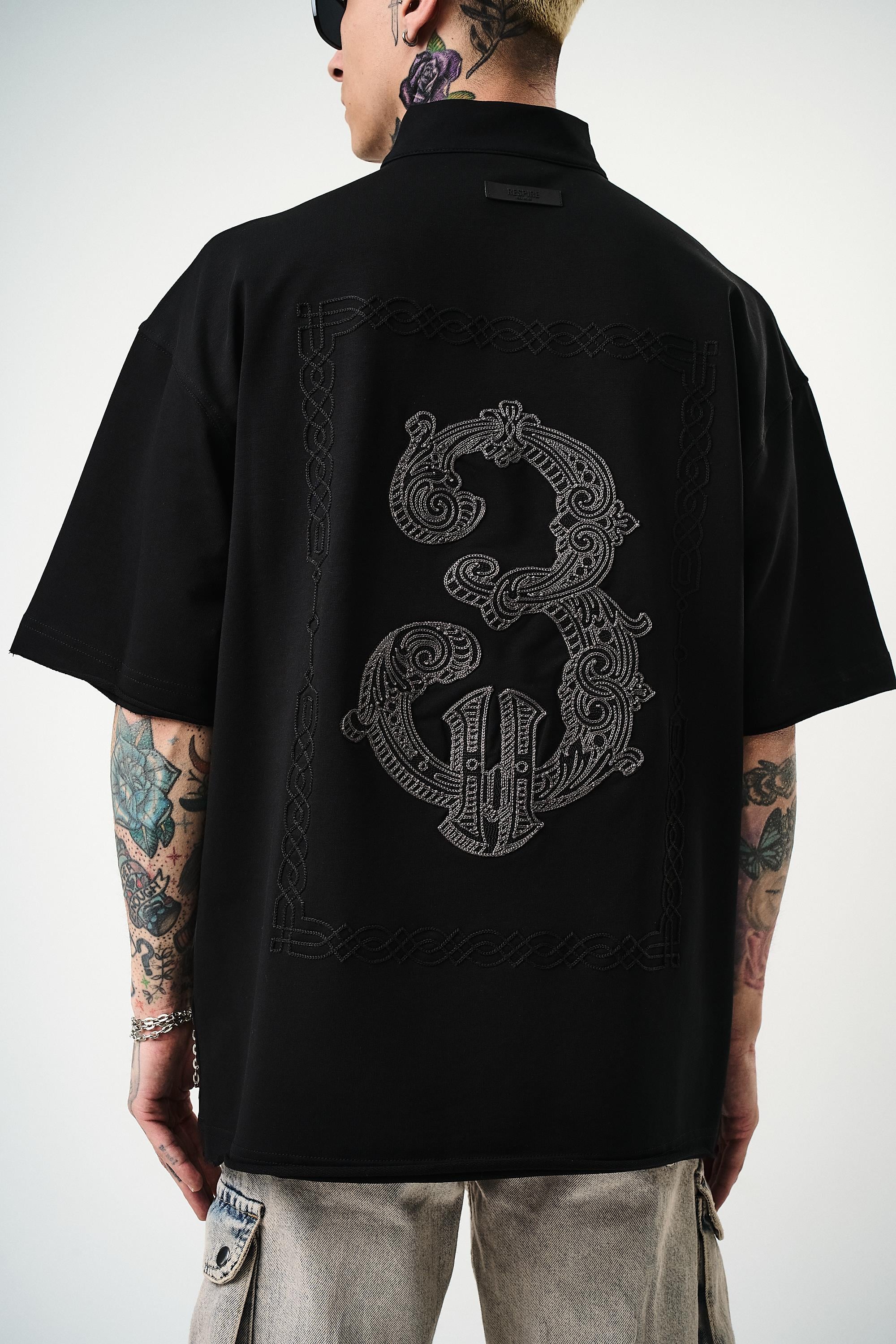 Erkek 3 Nakışlı Yarım Fermuarlı Oversize T-Shirt Siyah