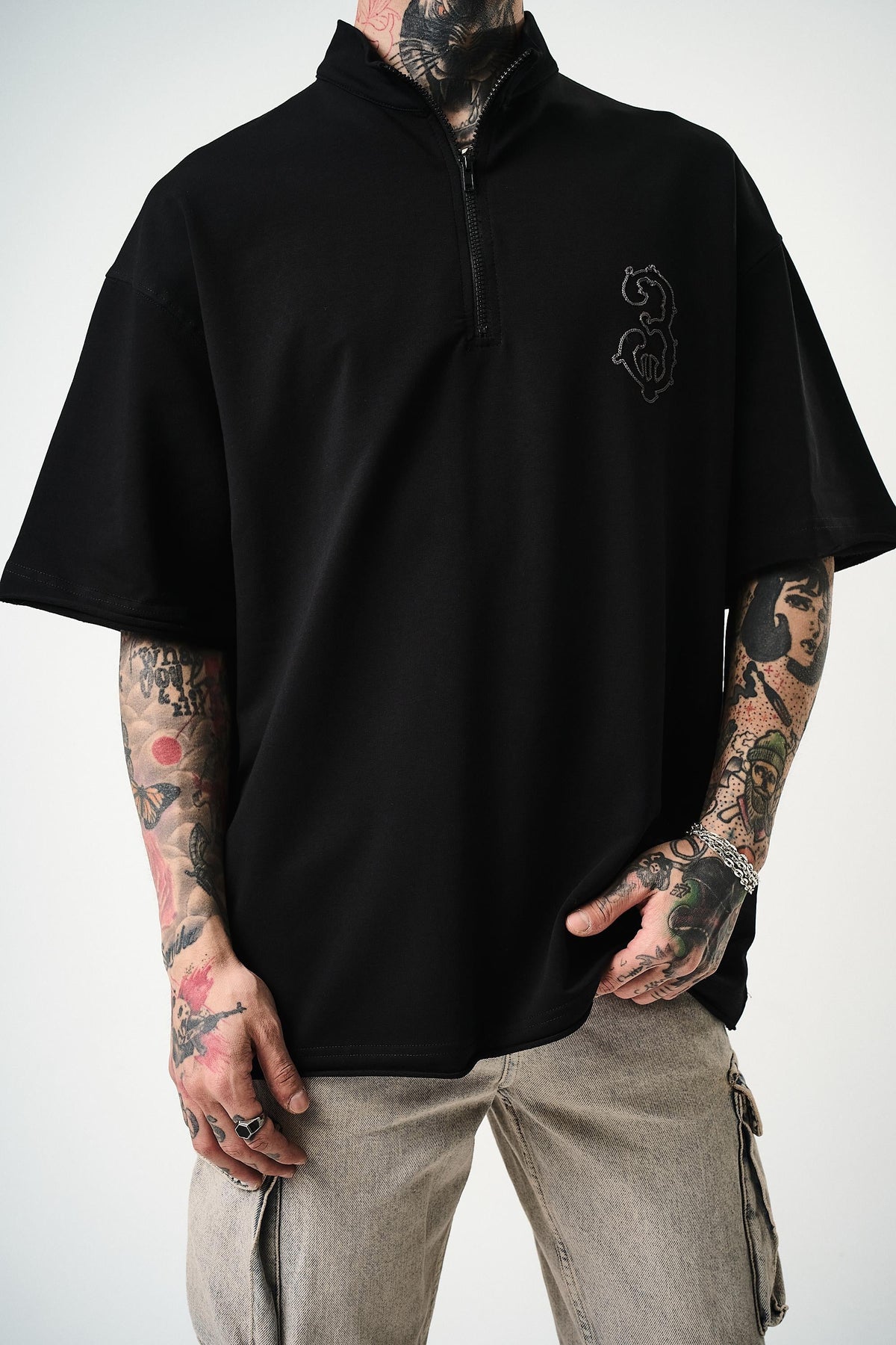 Erkek 3 Nakışlı Yarım Fermuarlı Oversize T-Shirt Siyah