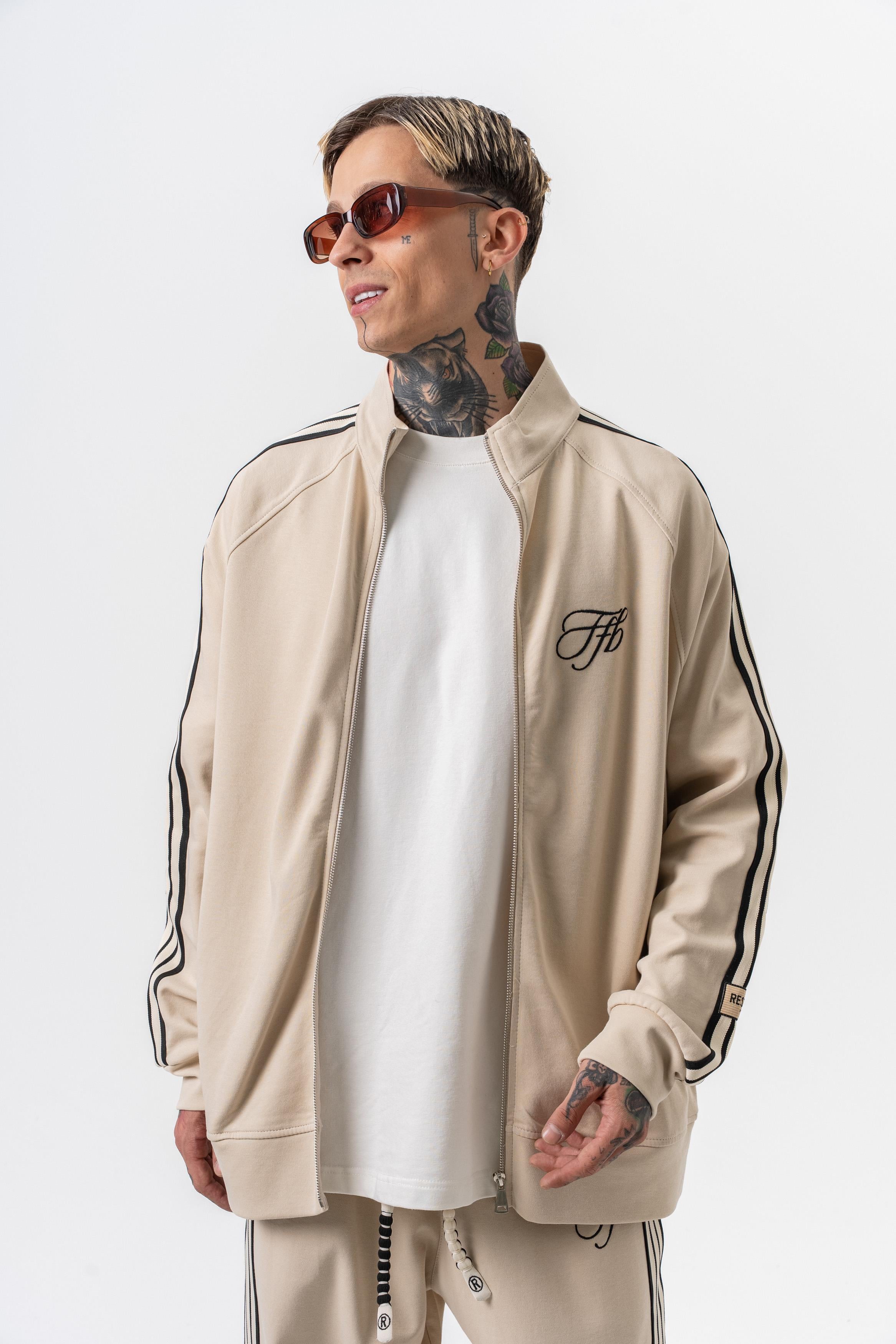 Erkek 3'Lü Şerit Detaylı Dik Yaka Doubleface Zip Oversize Sweatshirt Bej