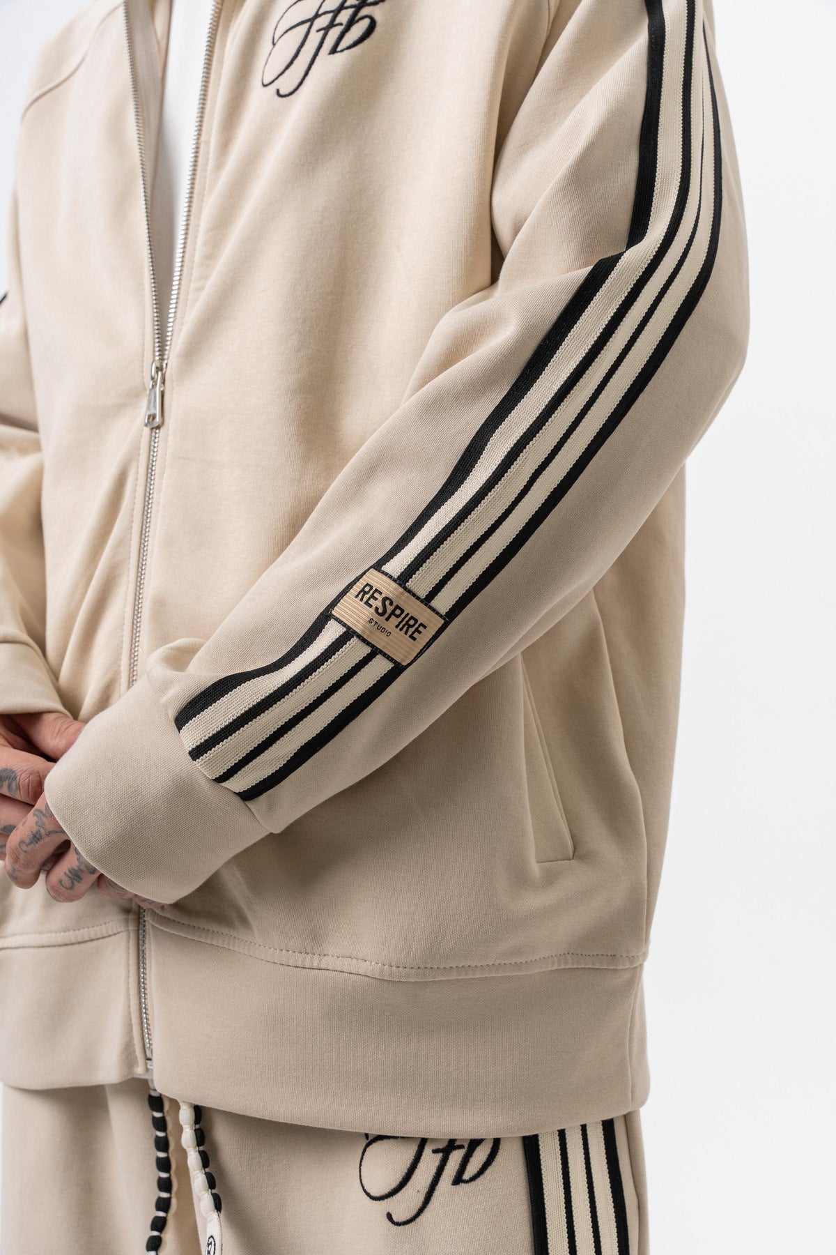 Erkek 3'Lü Şerit Detaylı Dik Yaka Doubleface Zip Oversize Sweatshirt Bej