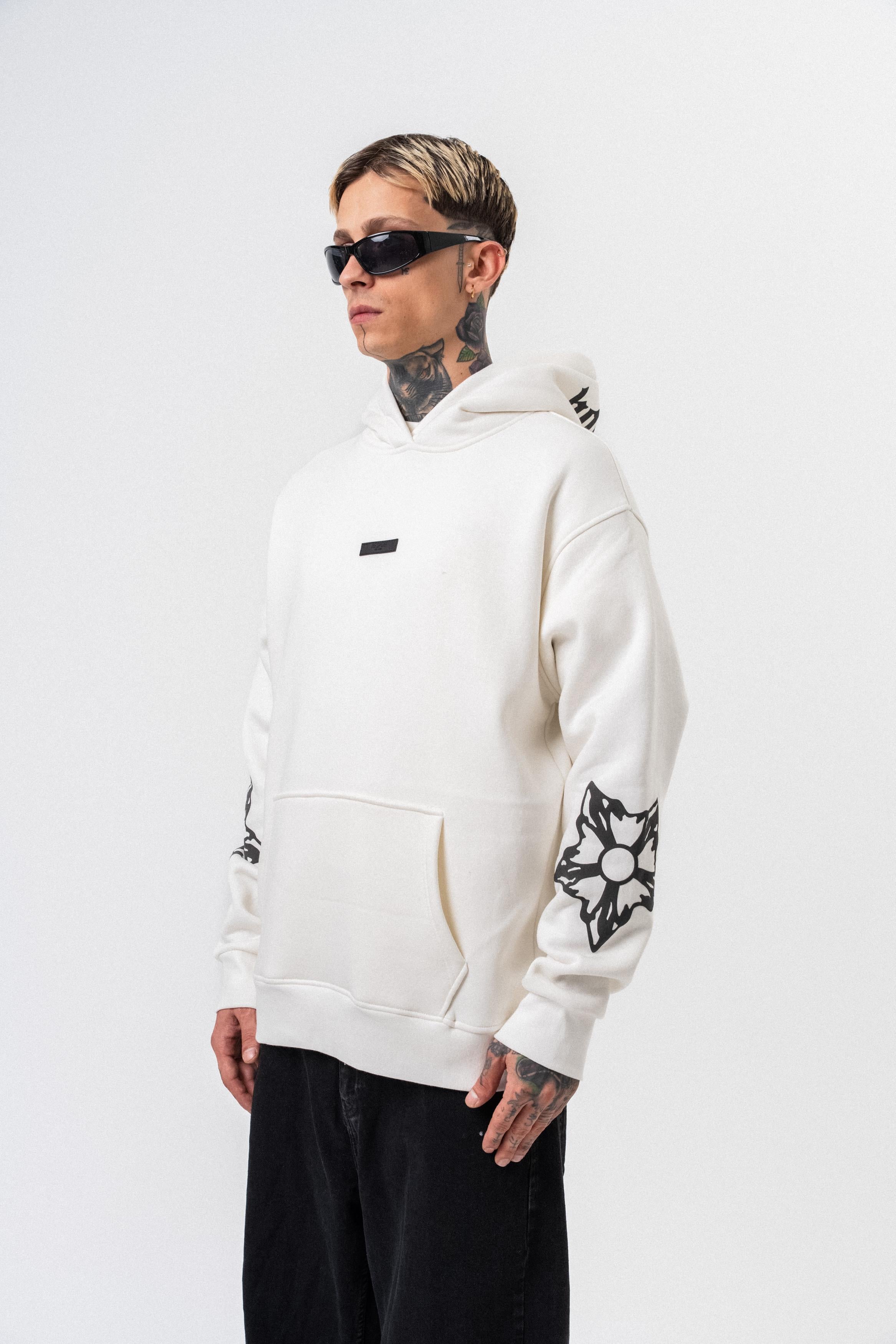 Erkek Astro Mode Baskılı Kapüşonlu Oversize Hoodie Ekru