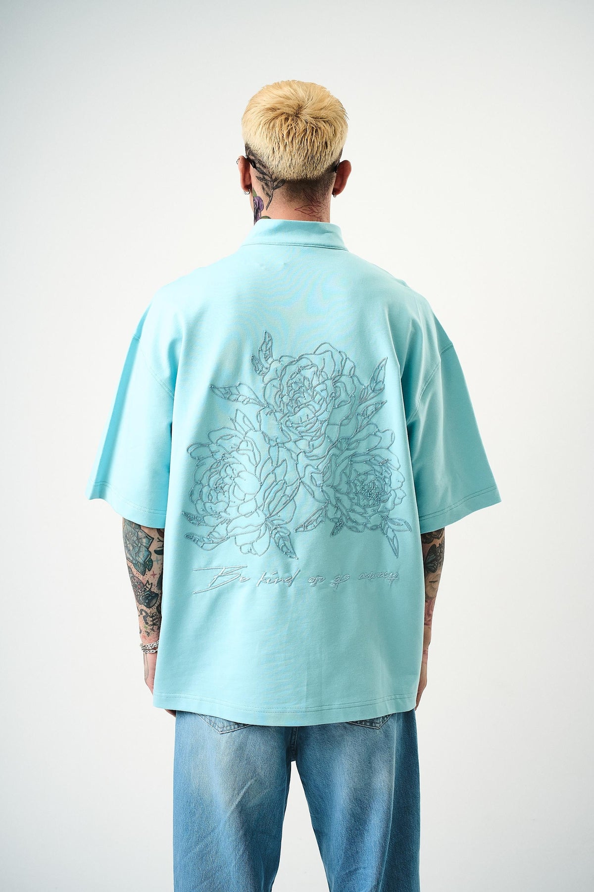 Erkek Be Kind Nakışlı Yarım Fermuarlı Oversize T-Shirt Bebe Mavi