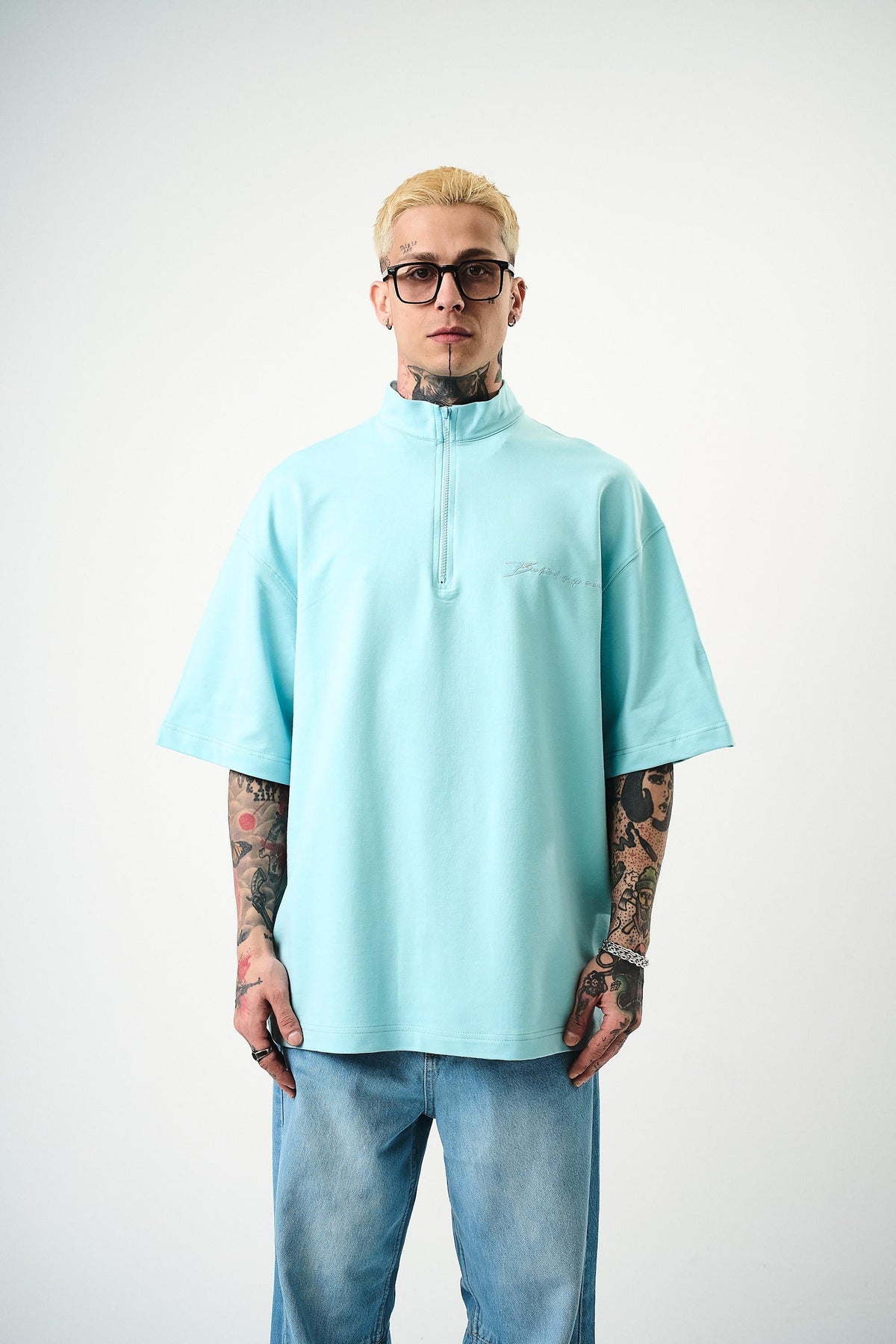 Erkek Be Kind Nakışlı Yarım Fermuarlı Oversize T-Shirt Bebe Mavi
