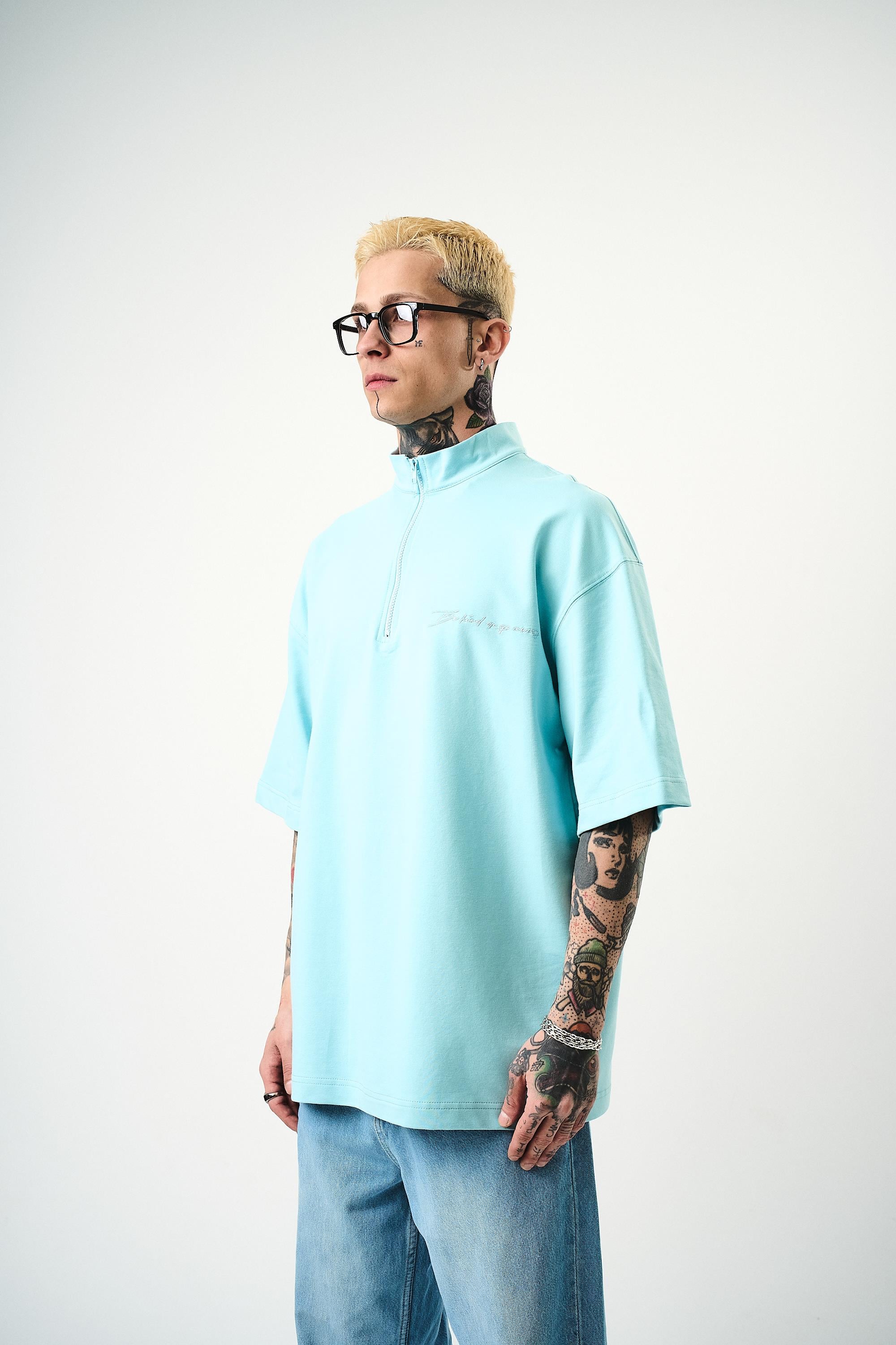 Erkek Be Kind Nakışlı Yarım Fermuarlı Oversize T-Shirt Bebe Mavi