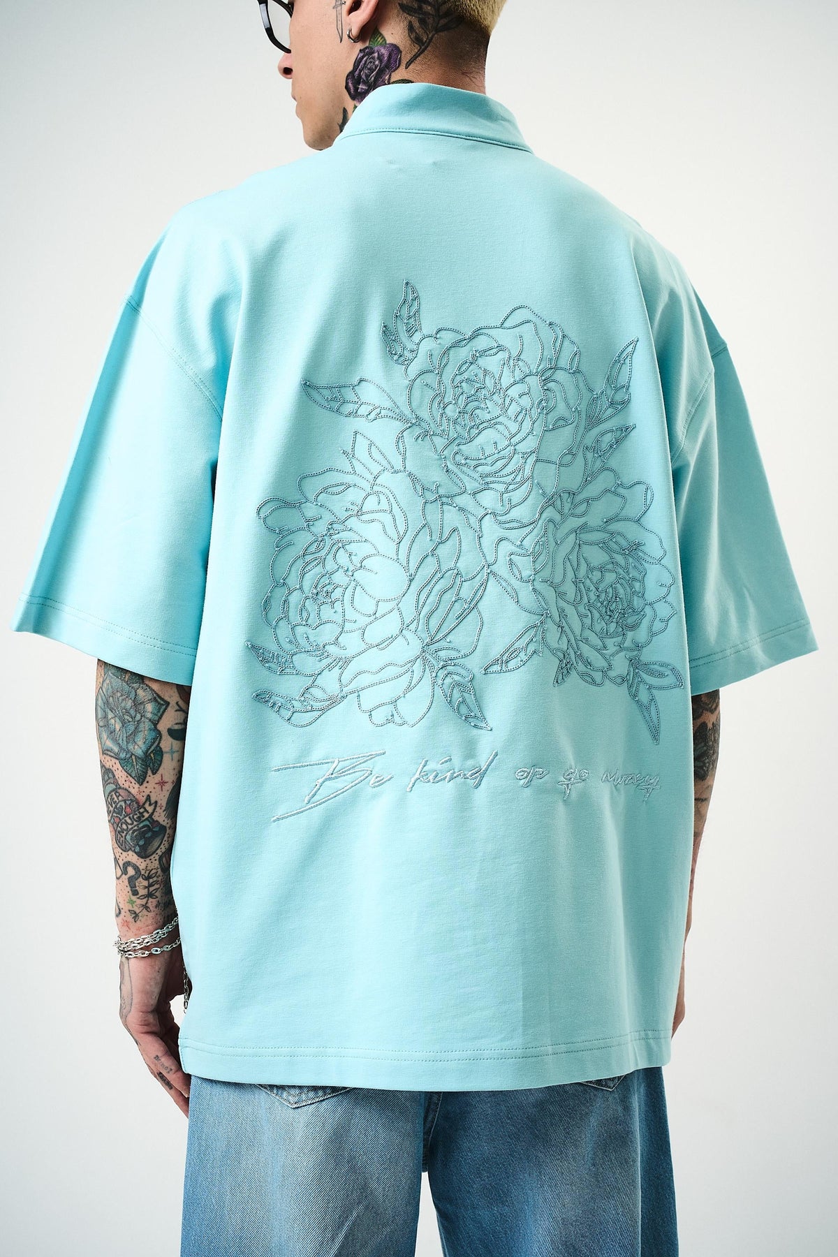 Erkek Be Kind Nakışlı Yarım Fermuarlı Oversize T-Shirt Bebe Mavi