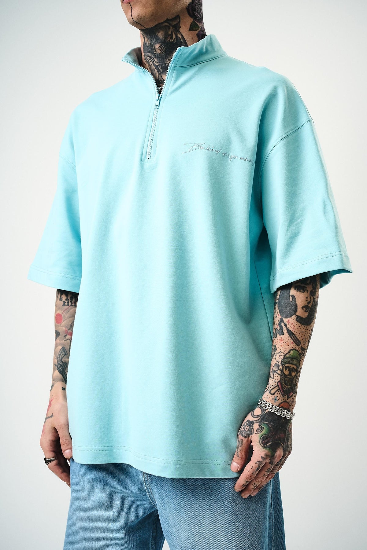 Erkek Be Kind Nakışlı Yarım Fermuarlı Oversize T-Shirt Bebe Mavi