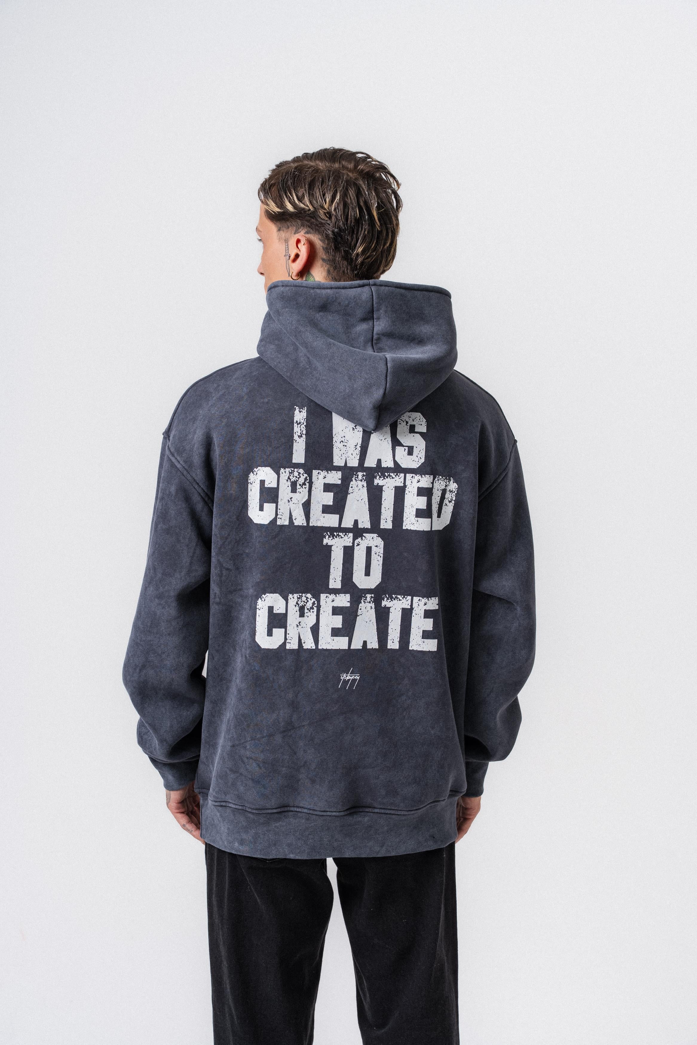 Erkek Create Baskılı Kapüşonlu Oversize Hoodie Füme