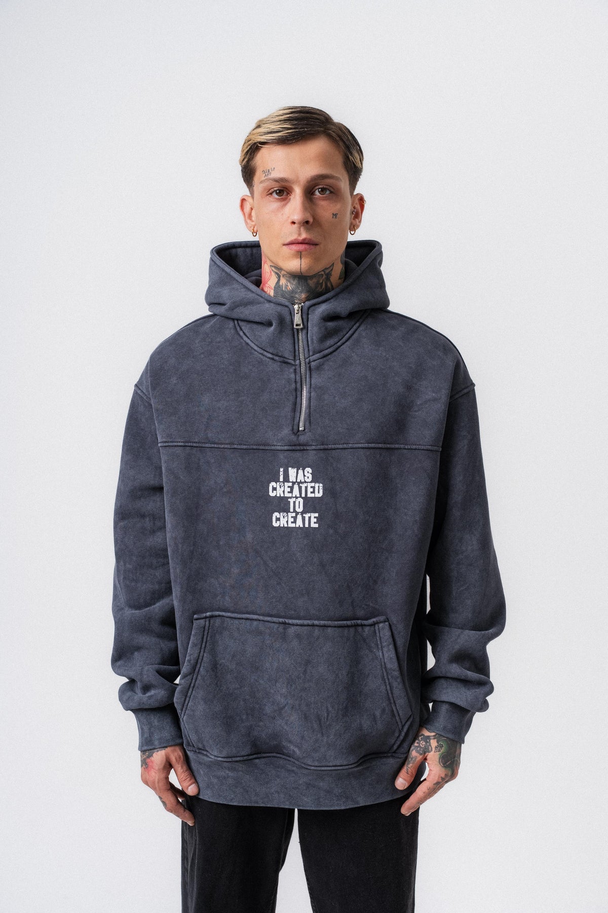 Erkek Create Baskılı Kapüşonlu Oversize Hoodie Füme